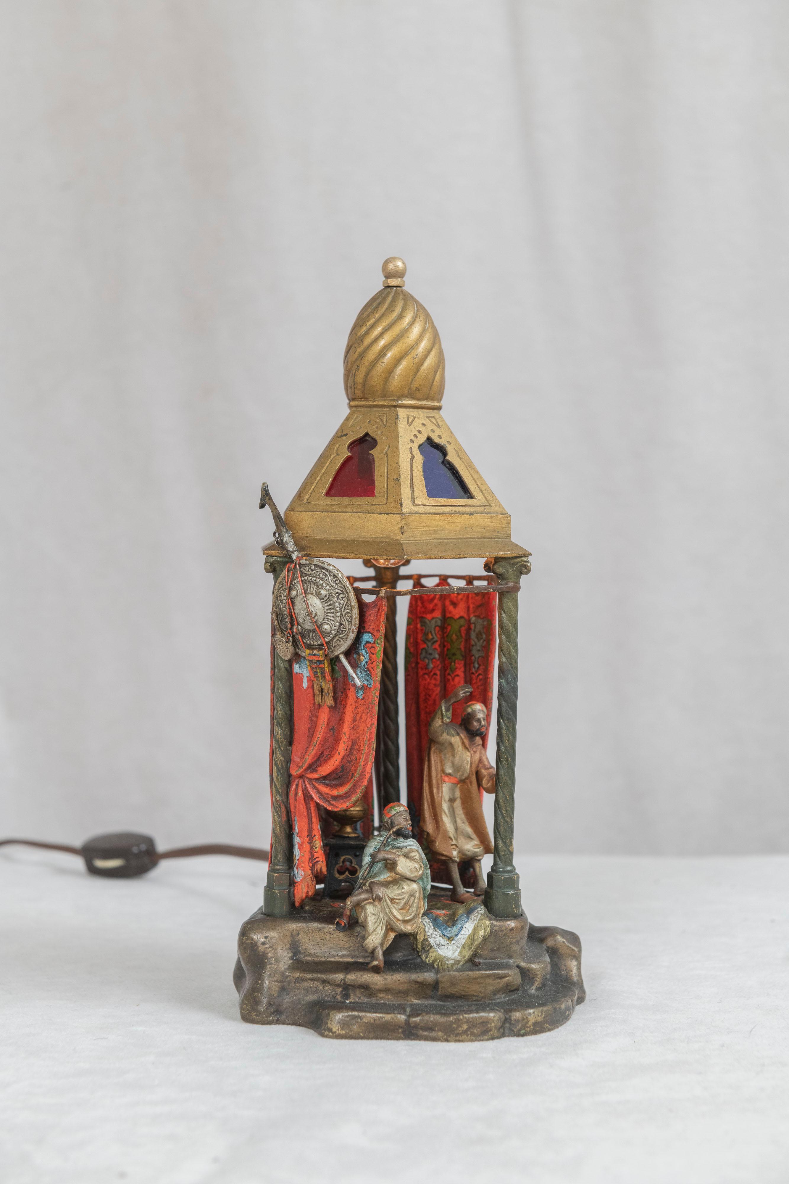 Cold-Painted Orientalist Austrian Cold Painted Bronze Lamp w/ 2 Figures Inside a Small Room For Sale