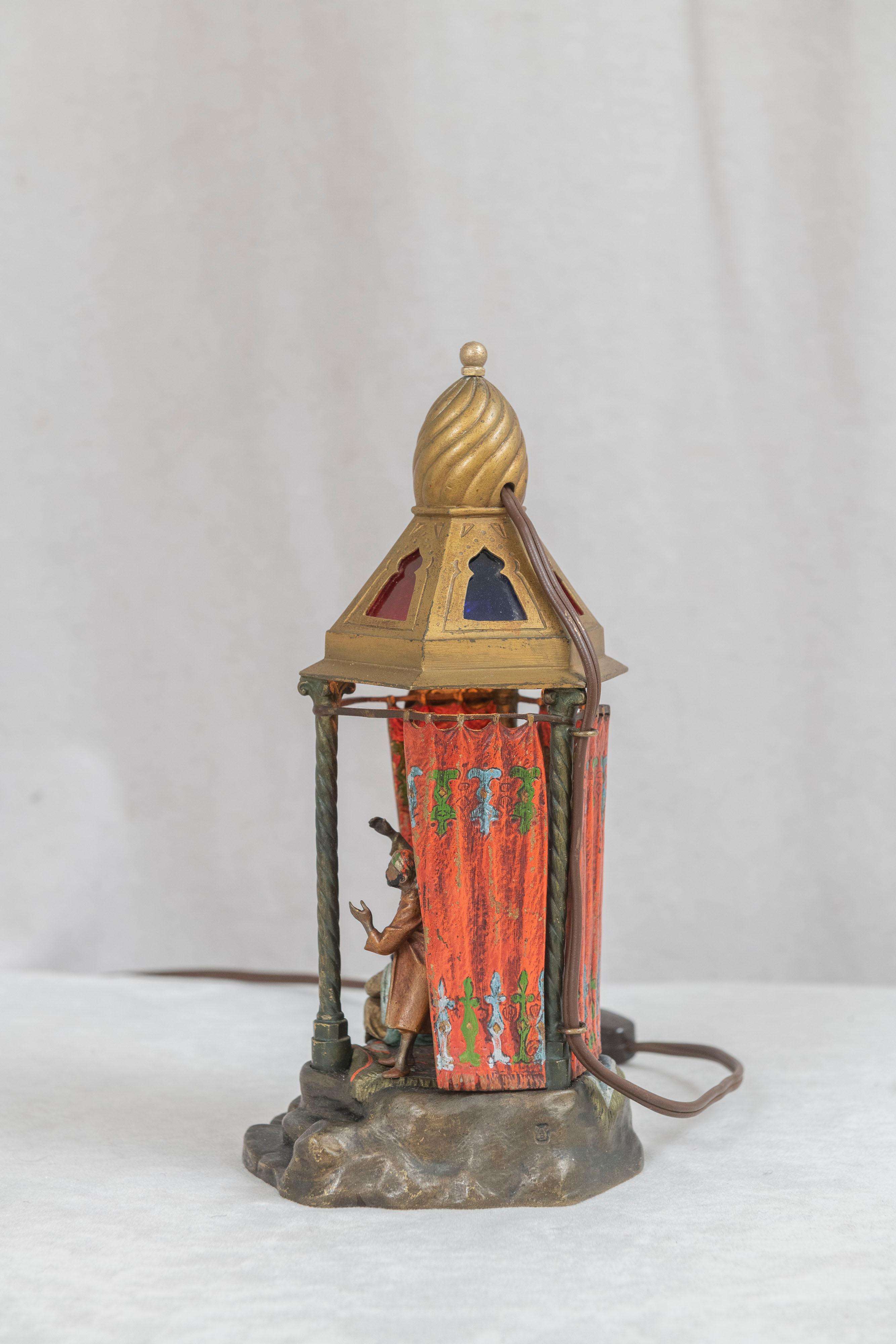 20th Century Orientalist Austrian Cold Painted Bronze Lamp w/ 2 Figures Inside a Small Room For Sale
