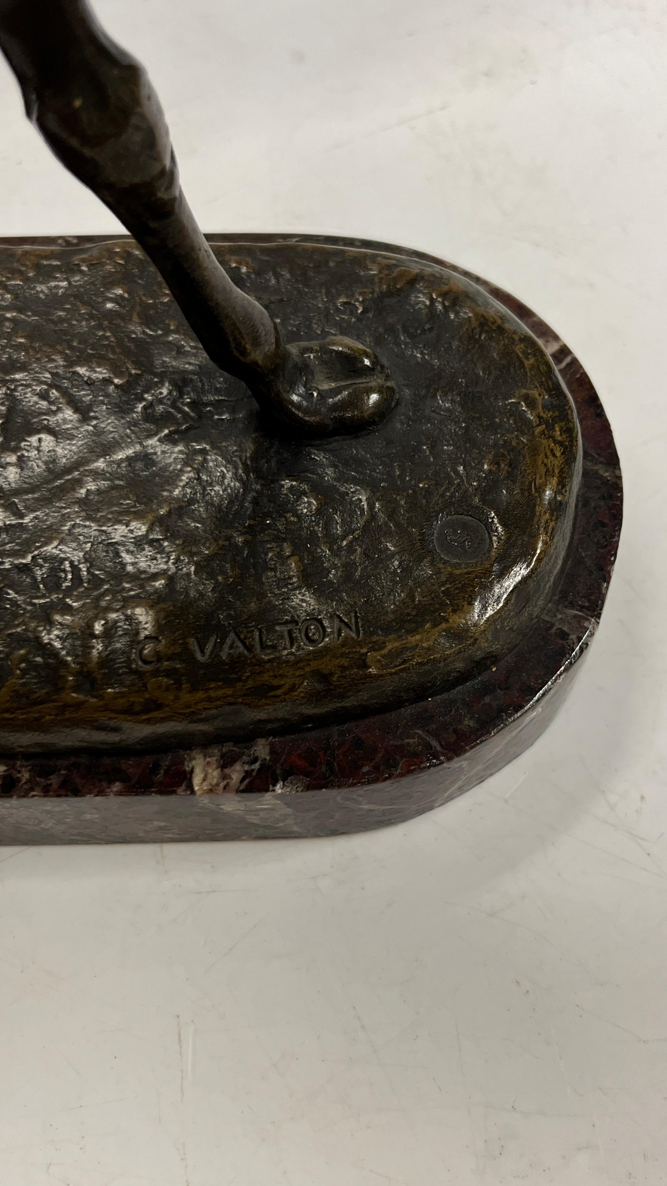 Finely cast and patinated bronze sculpture of a Bedouin Arab on camel
by Charles Valton (French, 1851-1918) mounted on variegated red and white marble base.  Signed with the stamped mark of the Paris foundry, Syndicate des Fabricateurs de Bronze