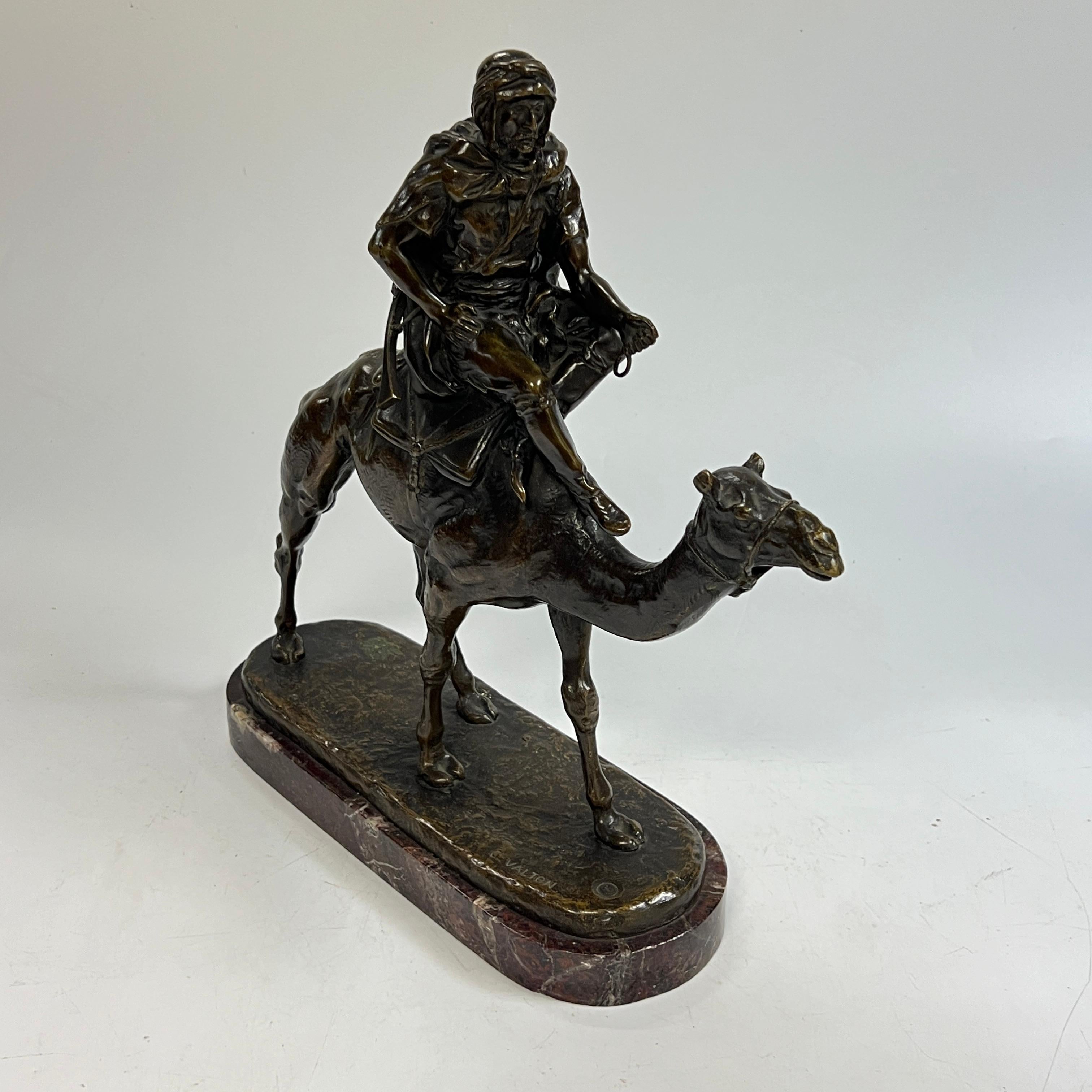 Patinated Orientalist Bronze and Marble Sculpture of Bedouin on Camel After Charles Valton