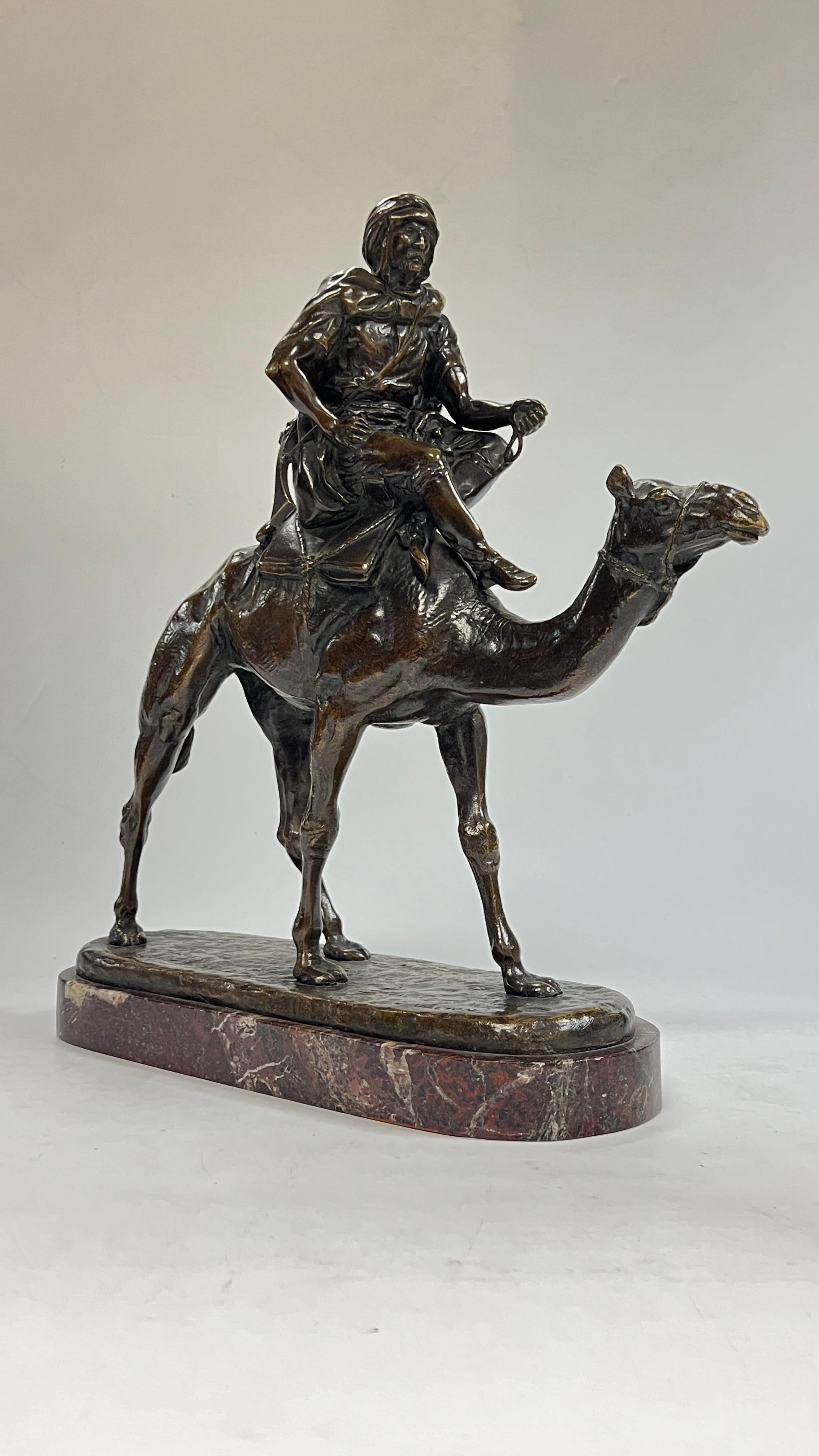 19th Century Orientalist Bronze and Marble Sculpture of Bedouin on Camel After Charles Valton