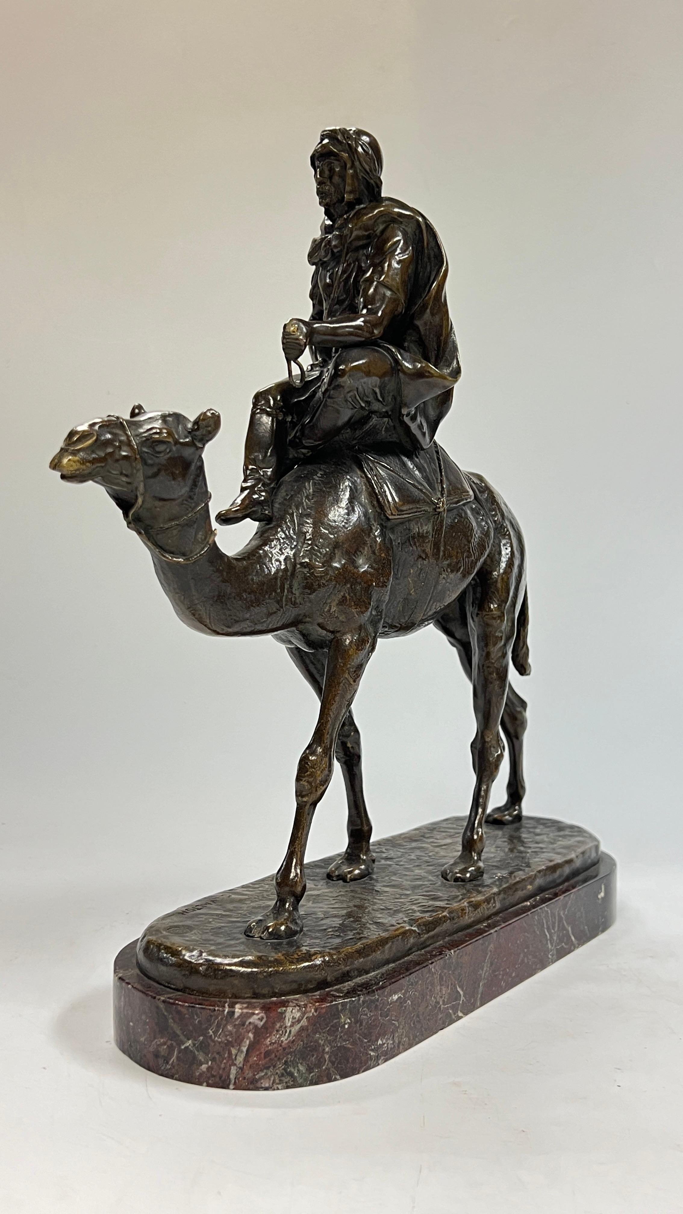 Orientalist Bronze and Marble Sculpture of Bedouin on Camel After Charles Valton 1