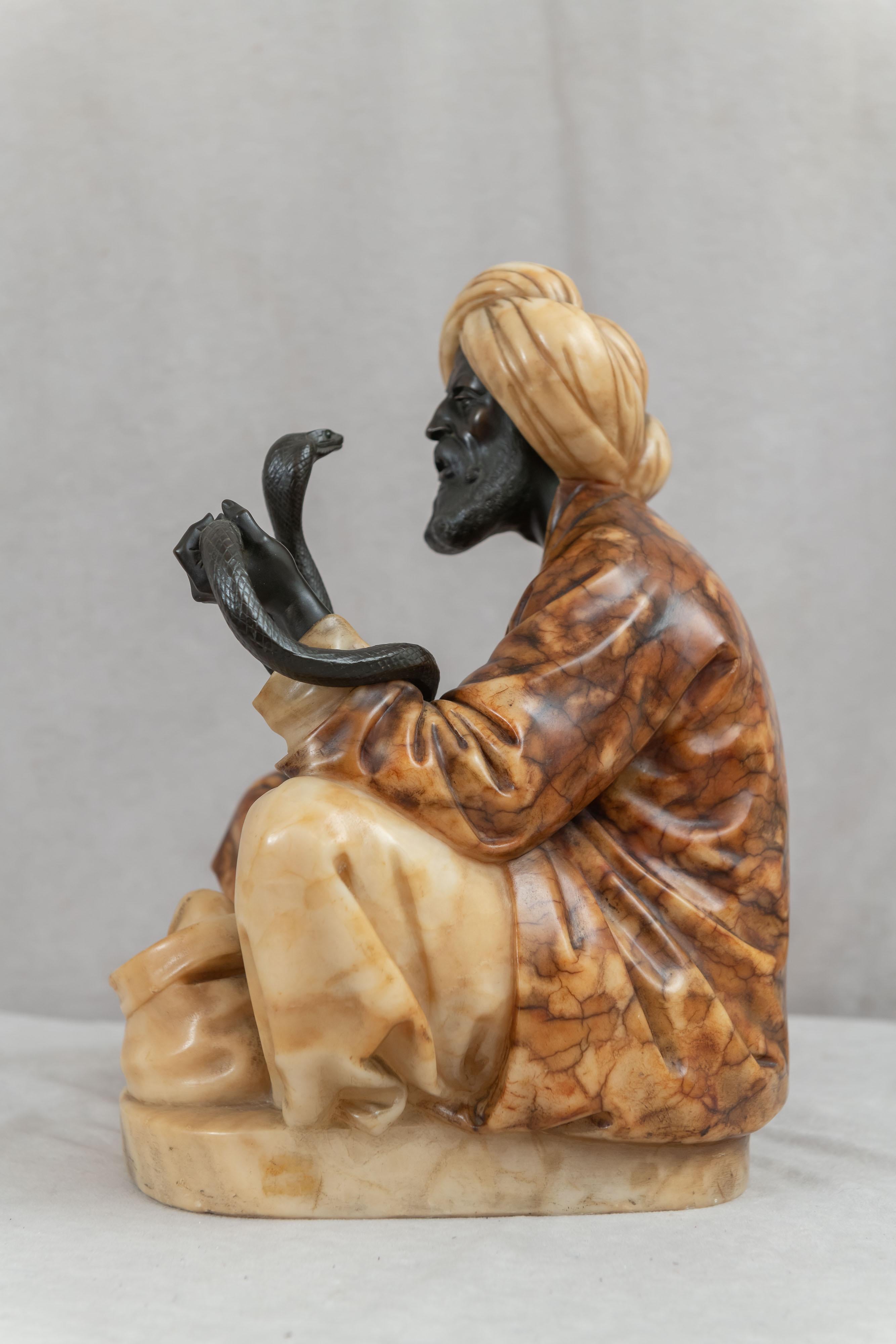 Orientalist Bronze & Carved Alabaster Seated Snake Charmer, ca. 1900, German For Sale 3