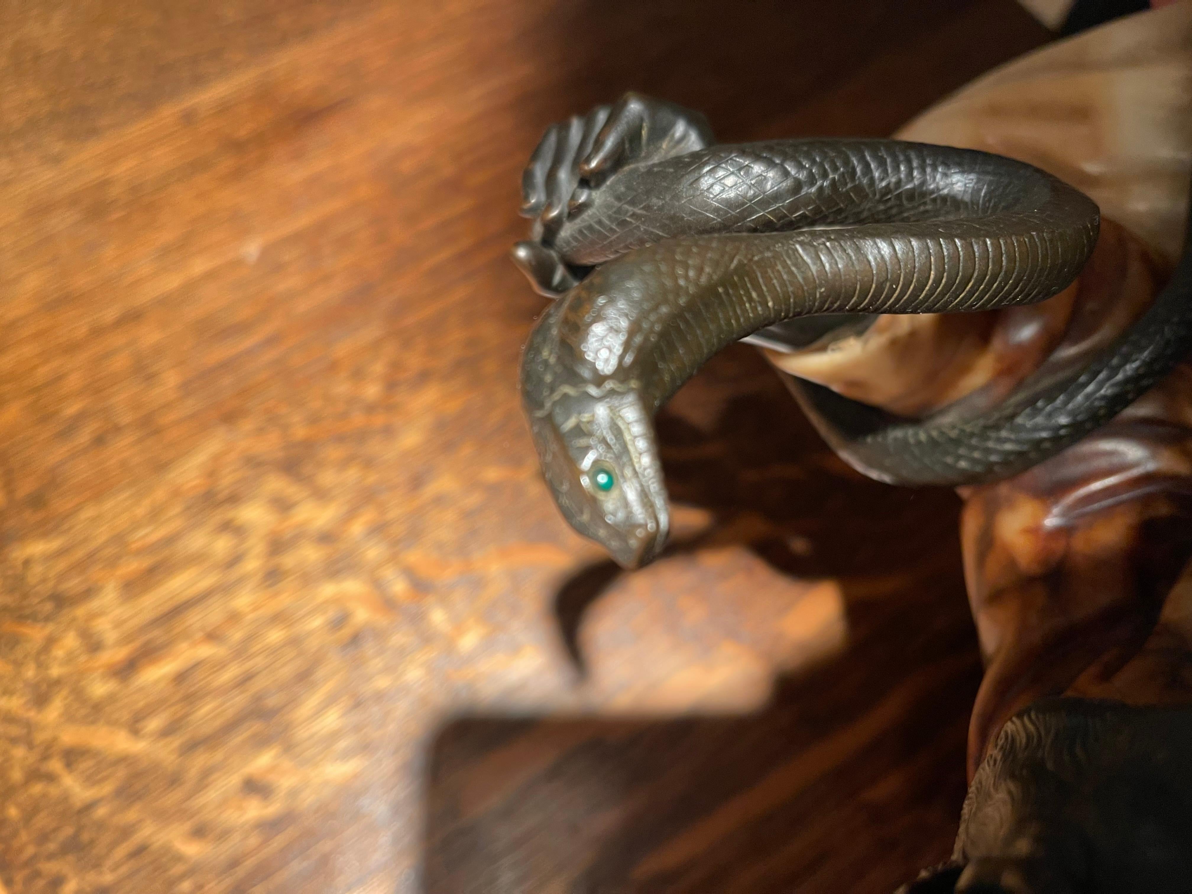 Orientalist Bronze & Carved Alabaster Seated Snake Charmer, ca. 1900, German For Sale 8