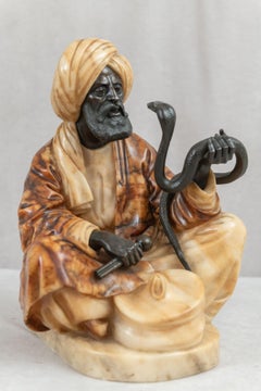 Orientalist Bronze & Carved Alabaster Seated Snake Charmer, ca. 1900, German