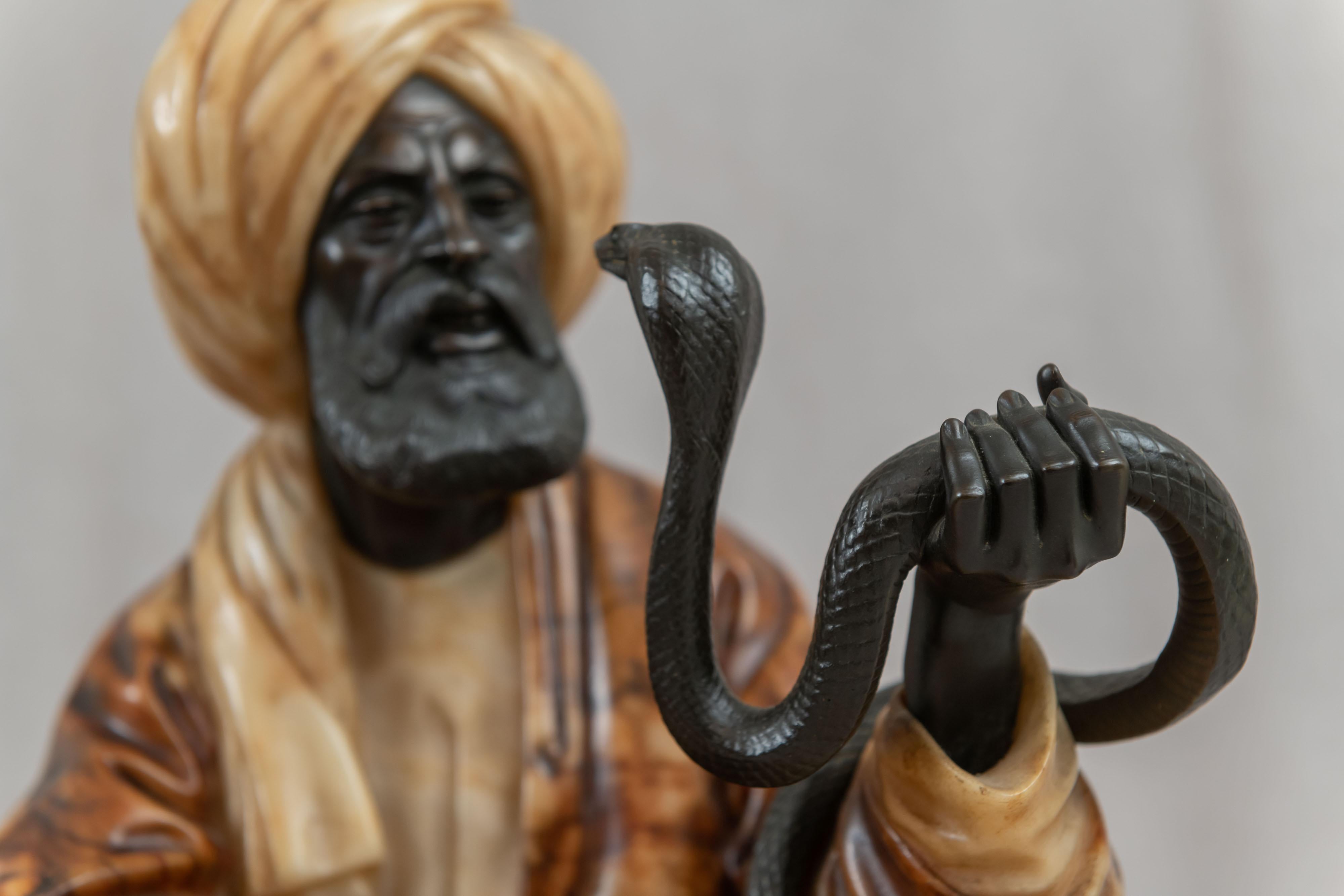 Other Orientalist Bronze & Carved Alabaster Seated Snake Charmer, ca. 1900, German For Sale