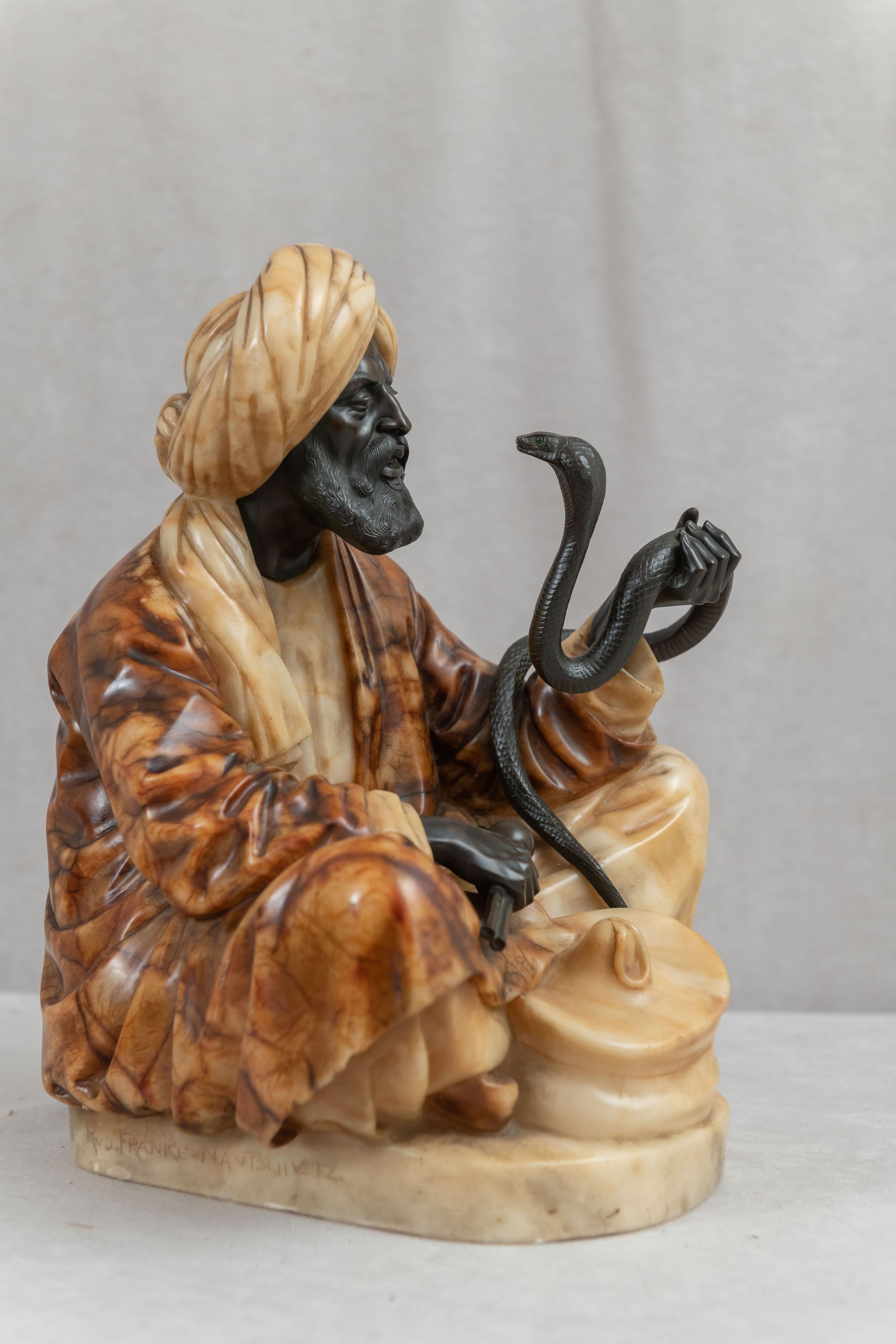 Orientalist Bronze & Carved Alabaster Seated Snake Charmer, ca. 1900, German In Excellent Condition For Sale In Petaluma, CA