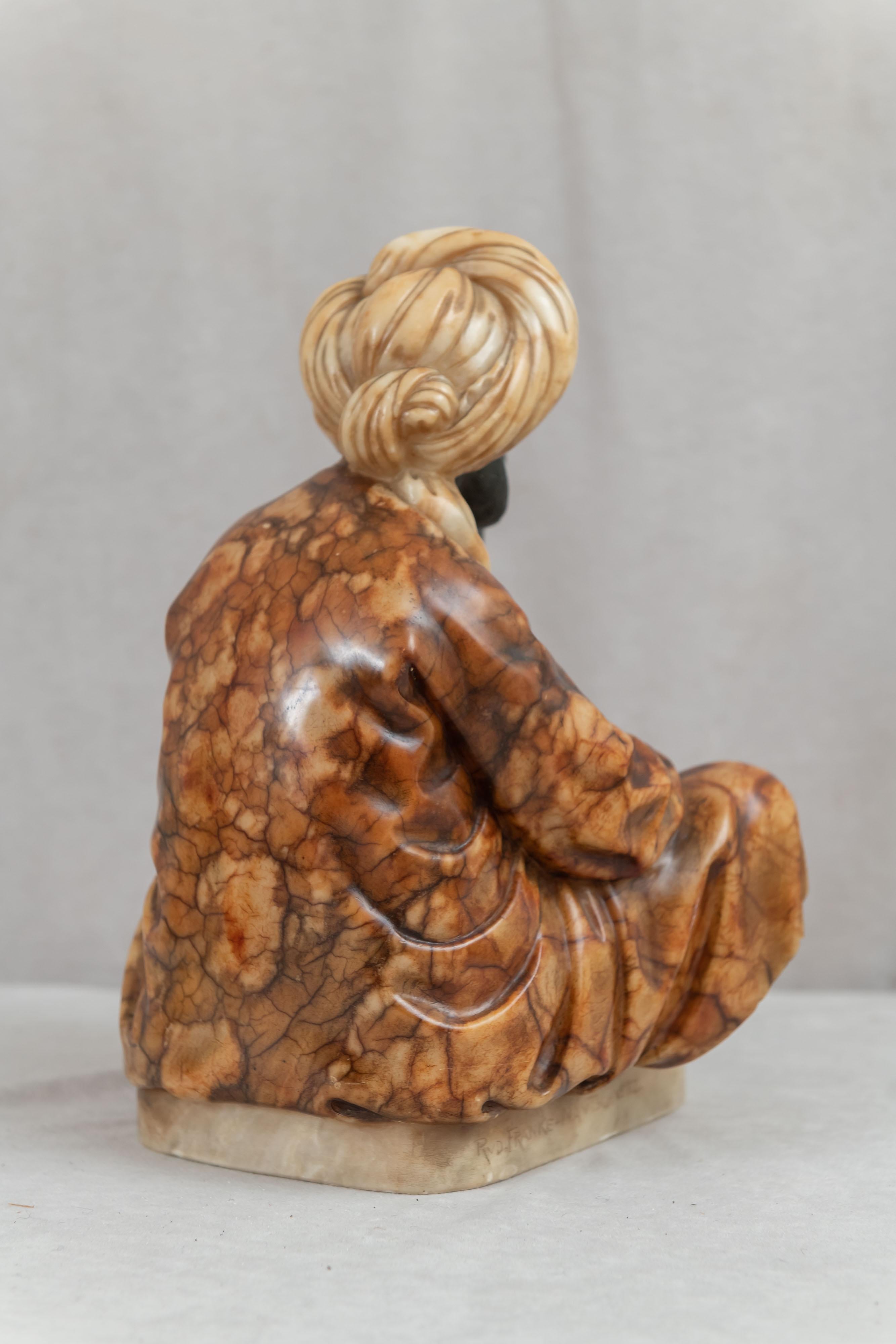 Orientalist Bronze & Carved Alabaster Seated Snake Charmer, ca. 1900, German For Sale 1