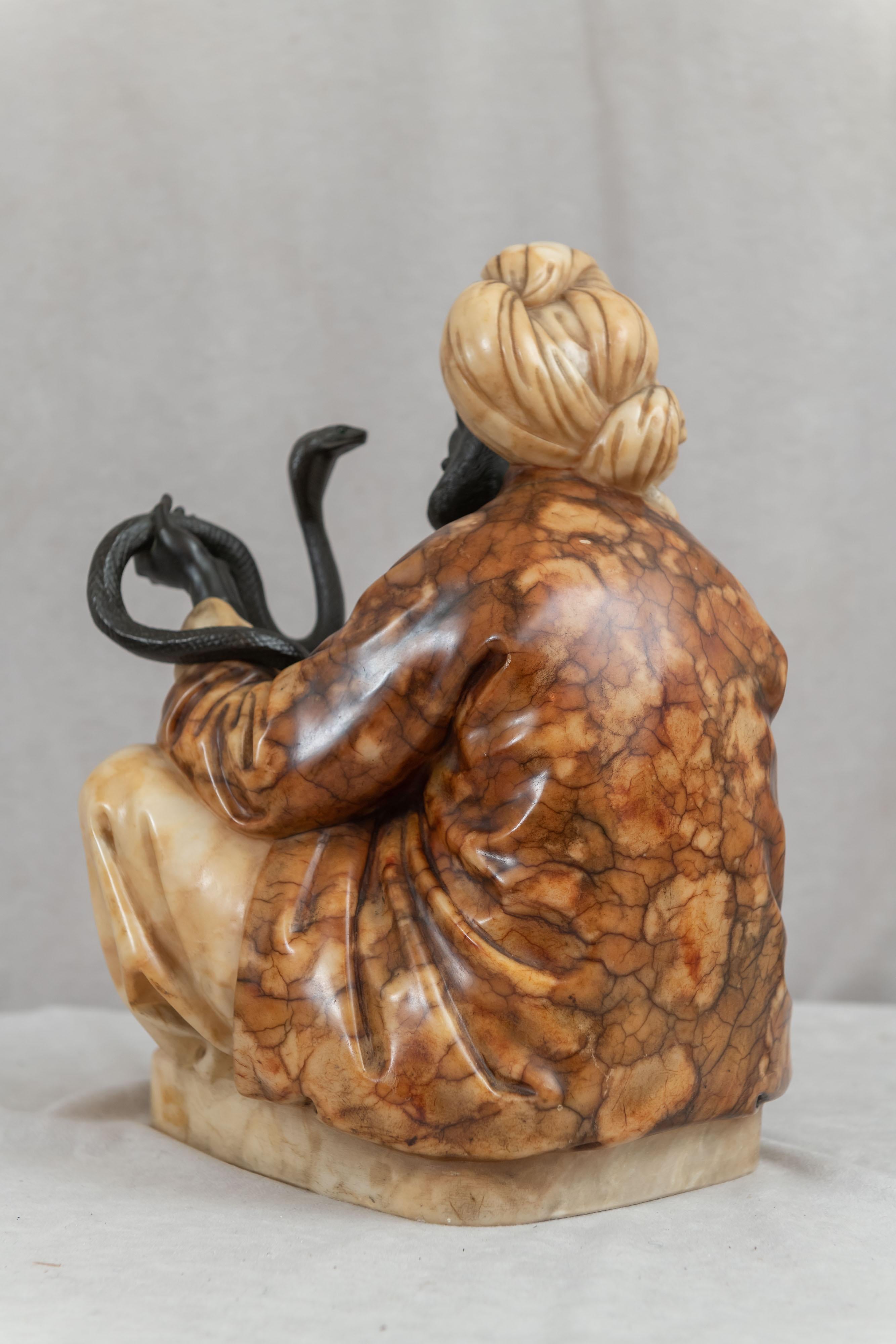 Orientalist Bronze & Carved Alabaster Seated Snake Charmer, ca. 1900, German For Sale 2