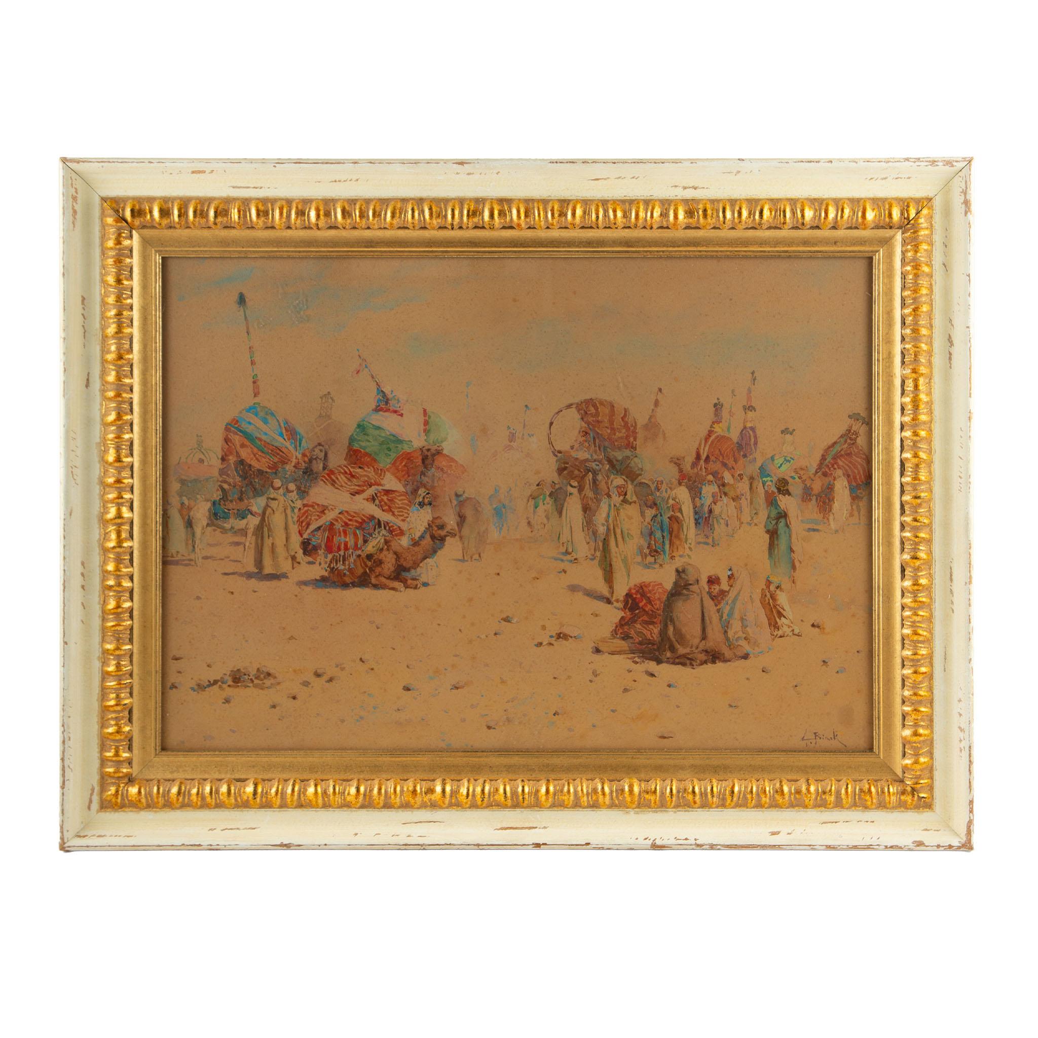 The Caravan by Alphonse Birk (1859–1942)
Watercolor on paper, signed lower right. This finely rendered Orientalist scene depicts a richly adorned caravan halting in the desert, with camels draped in vivid textiles and banners, surrounded by groups
