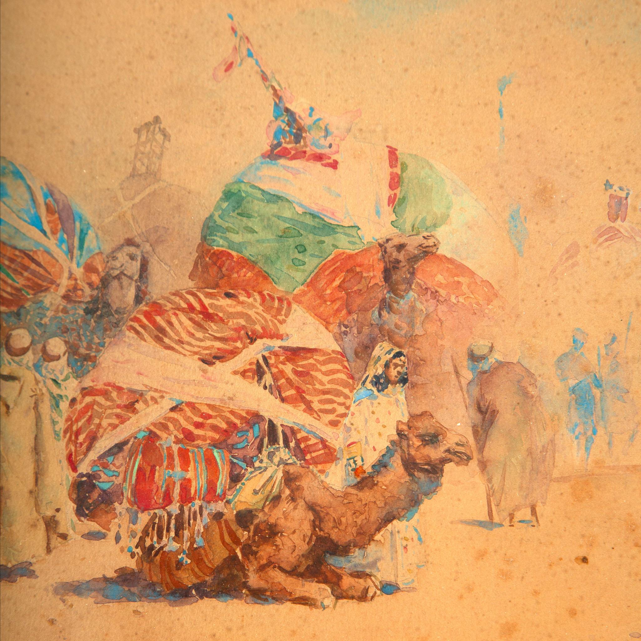 French Orientalist Caravan Scene by Alphonse Birk For Sale