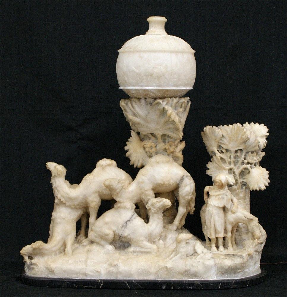 Italian Orientalist Carved Alabaster Desert Camels Lighted Sculpture / Lamp For Sale