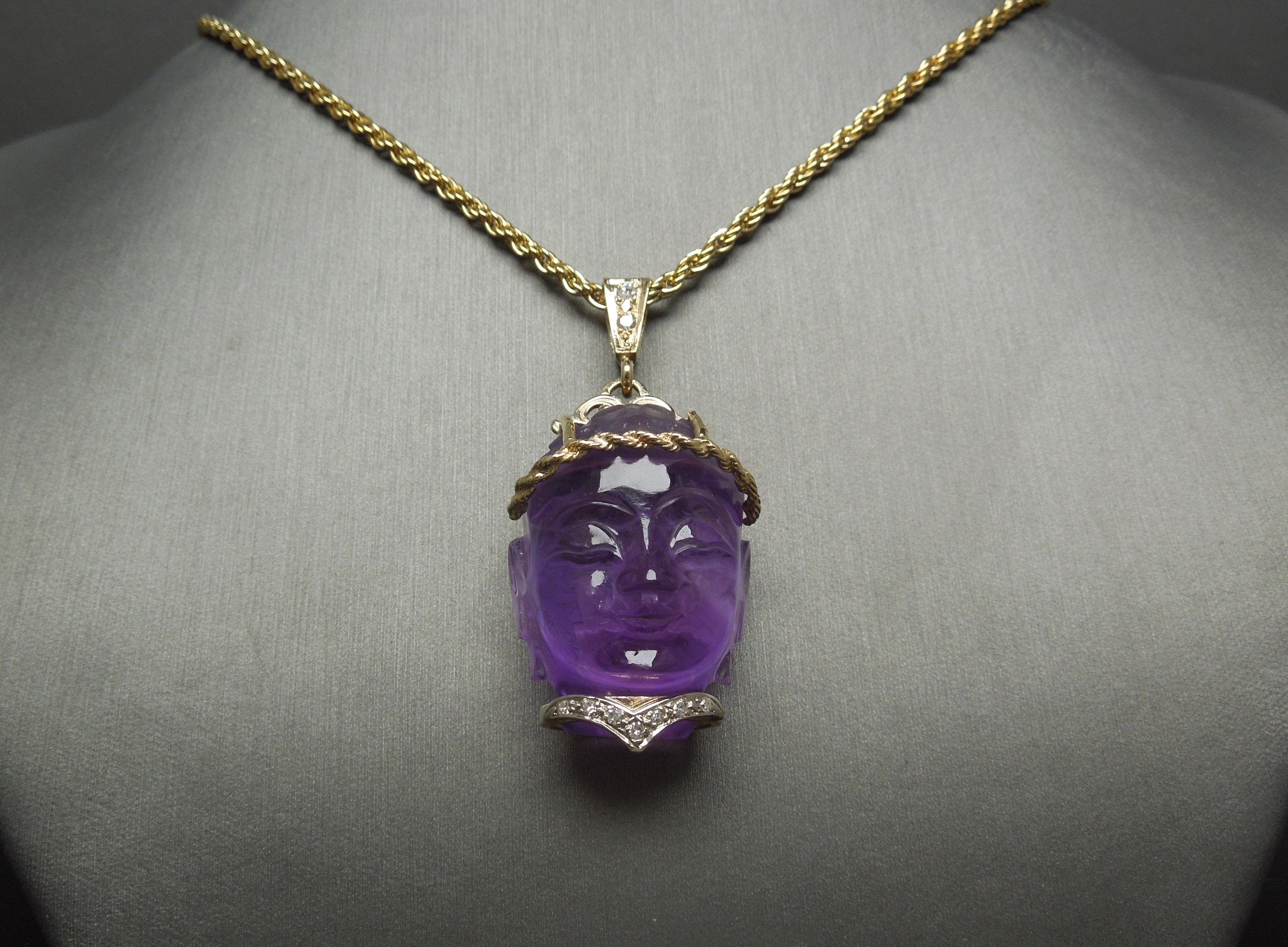 Orientalist Carved Amethyst Head Amulet Pendant For Sale 5