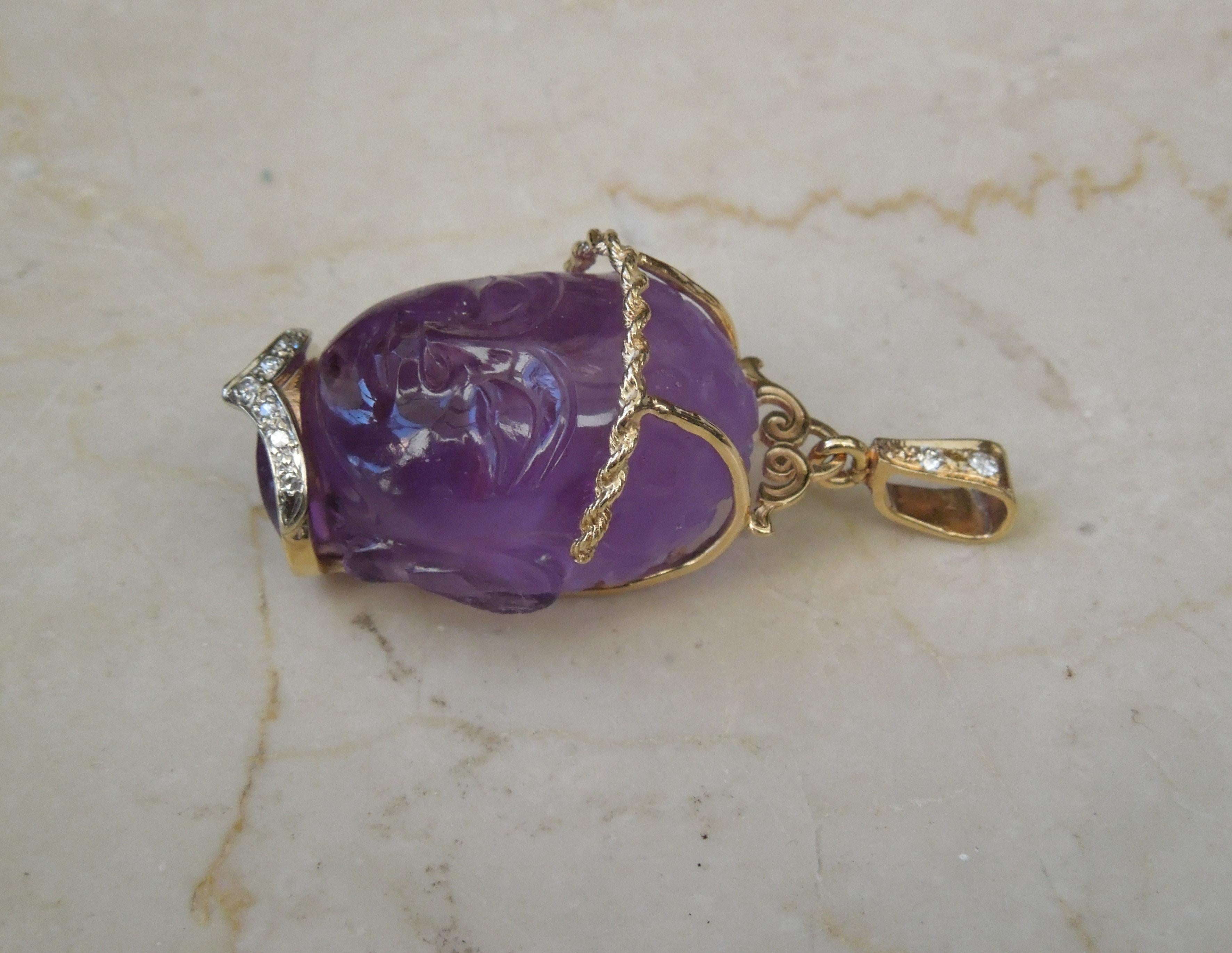 Orientalist Carved Amethyst Head Amulet Pendant In Excellent Condition For Sale In METAIRIE, LA