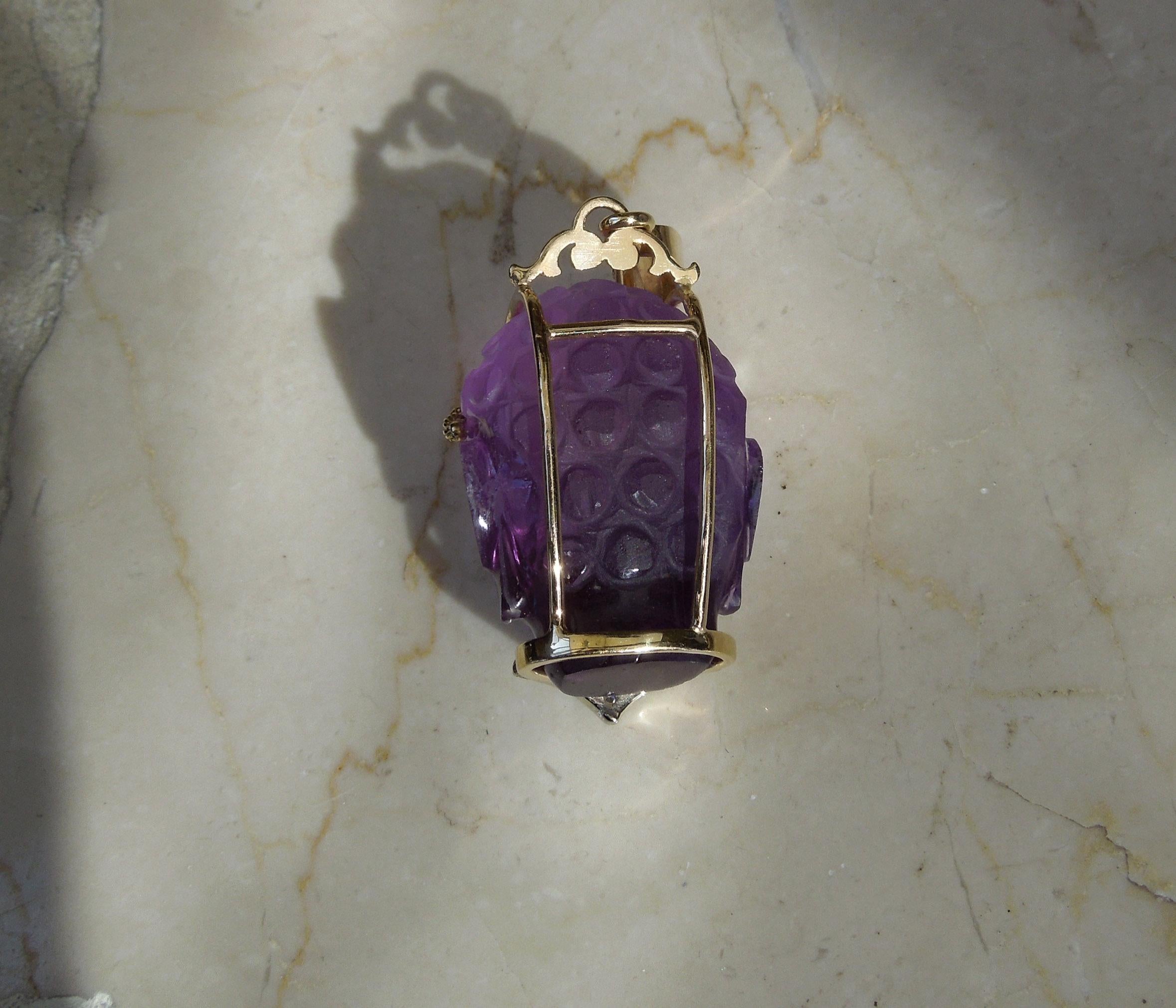 Women's or Men's Orientalist Carved Amethyst Head Amulet Pendant For Sale