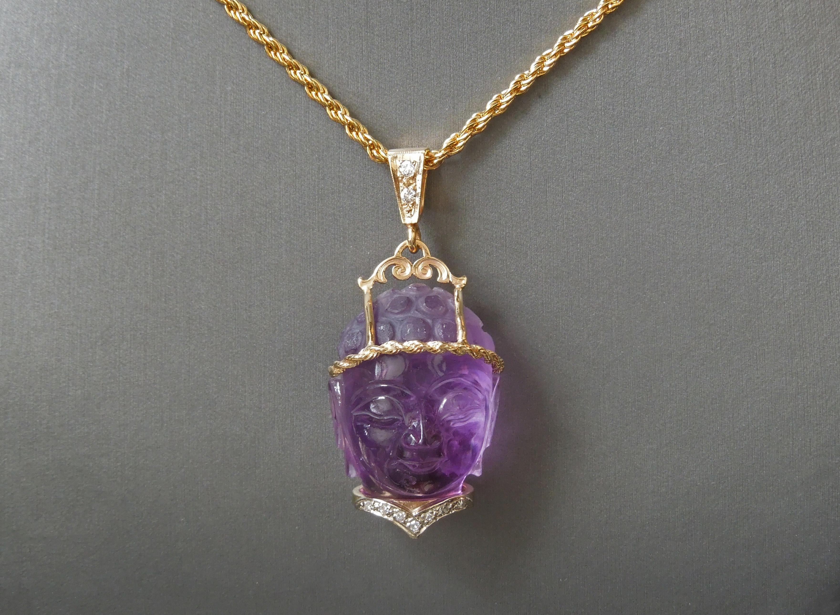 Orientalist Carved Amethyst Head Amulet Pendant For Sale 1