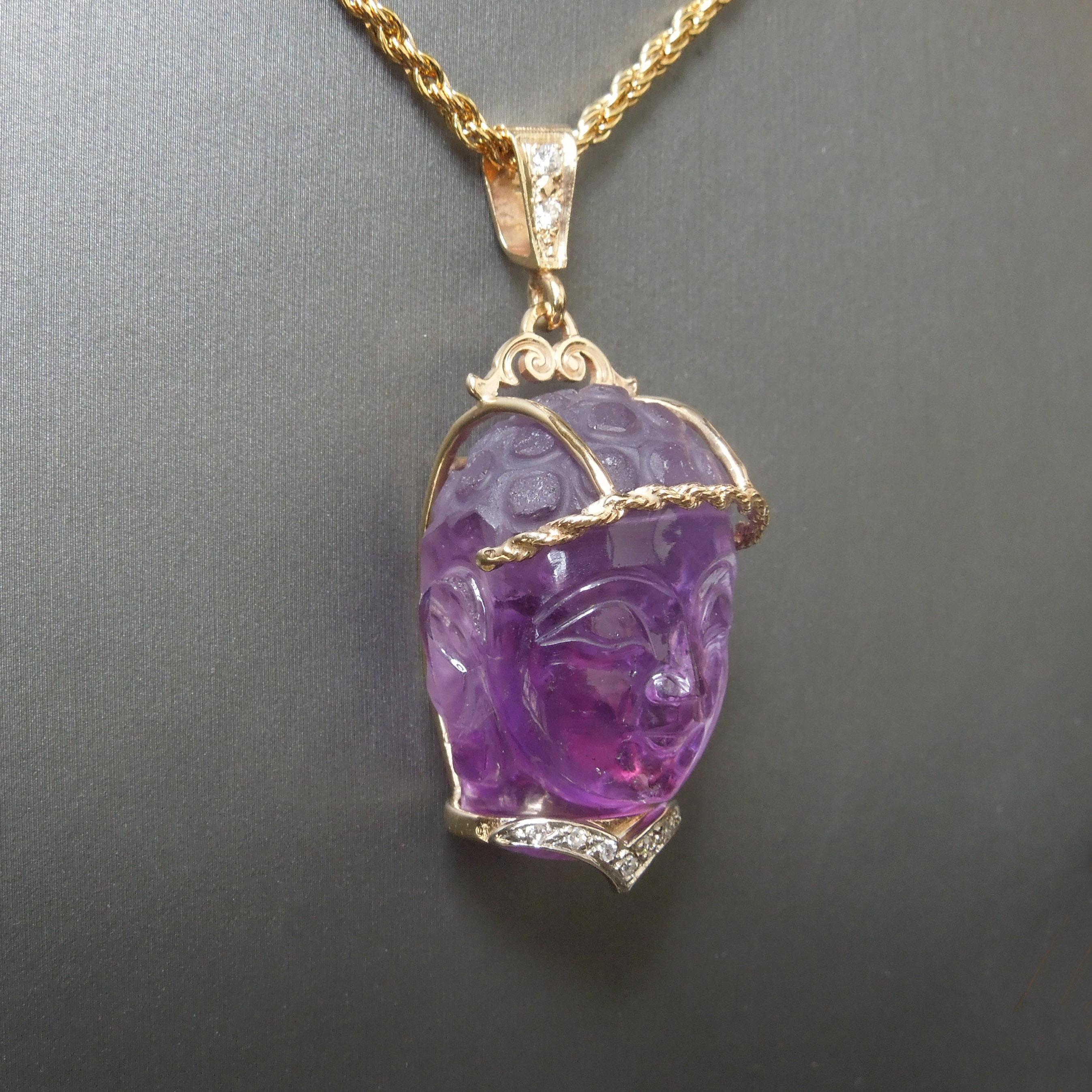 Orientalist Carved Amethyst Head Amulet Pendant For Sale 3