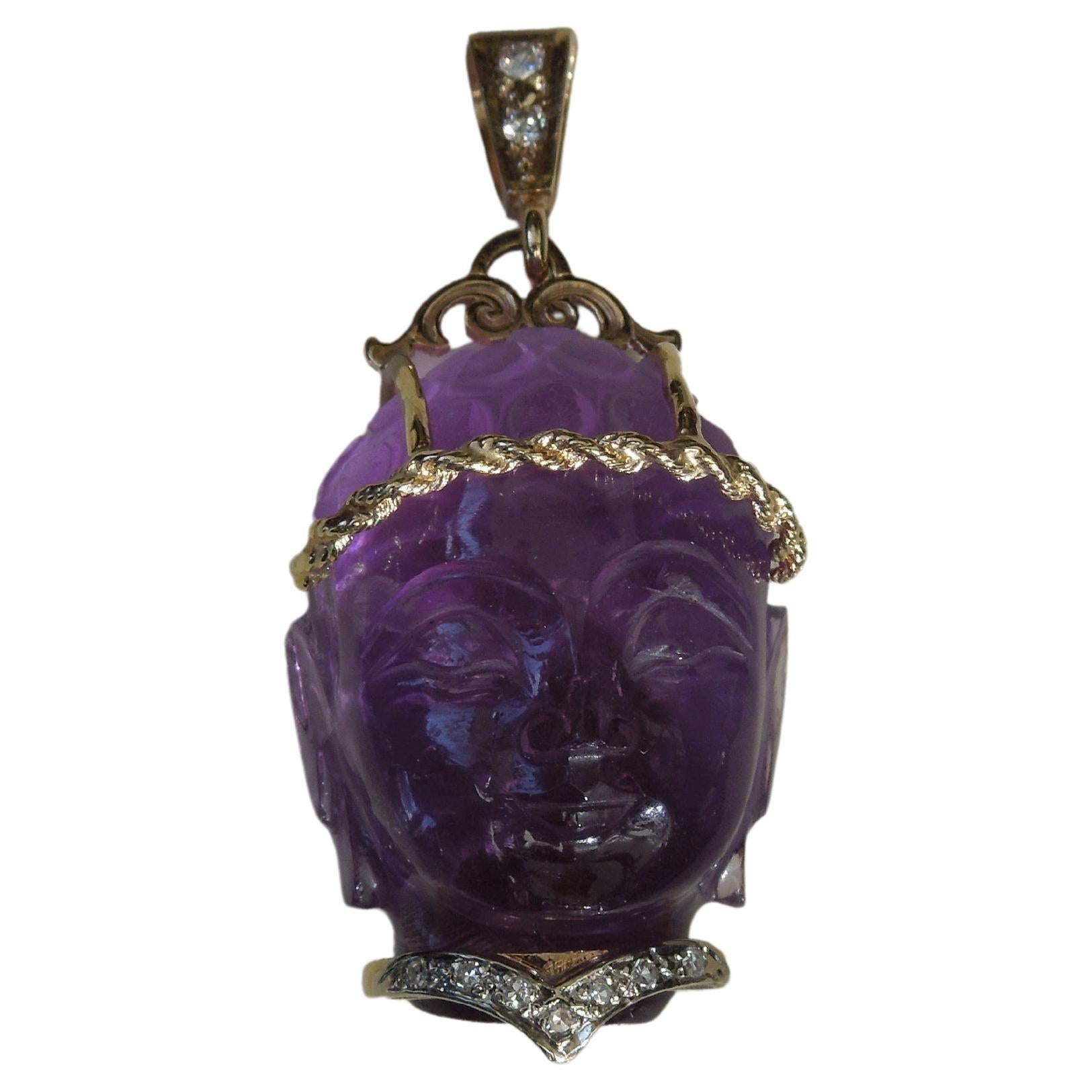 Orientalist Carved Amethyst Head Amulet Pendant For Sale