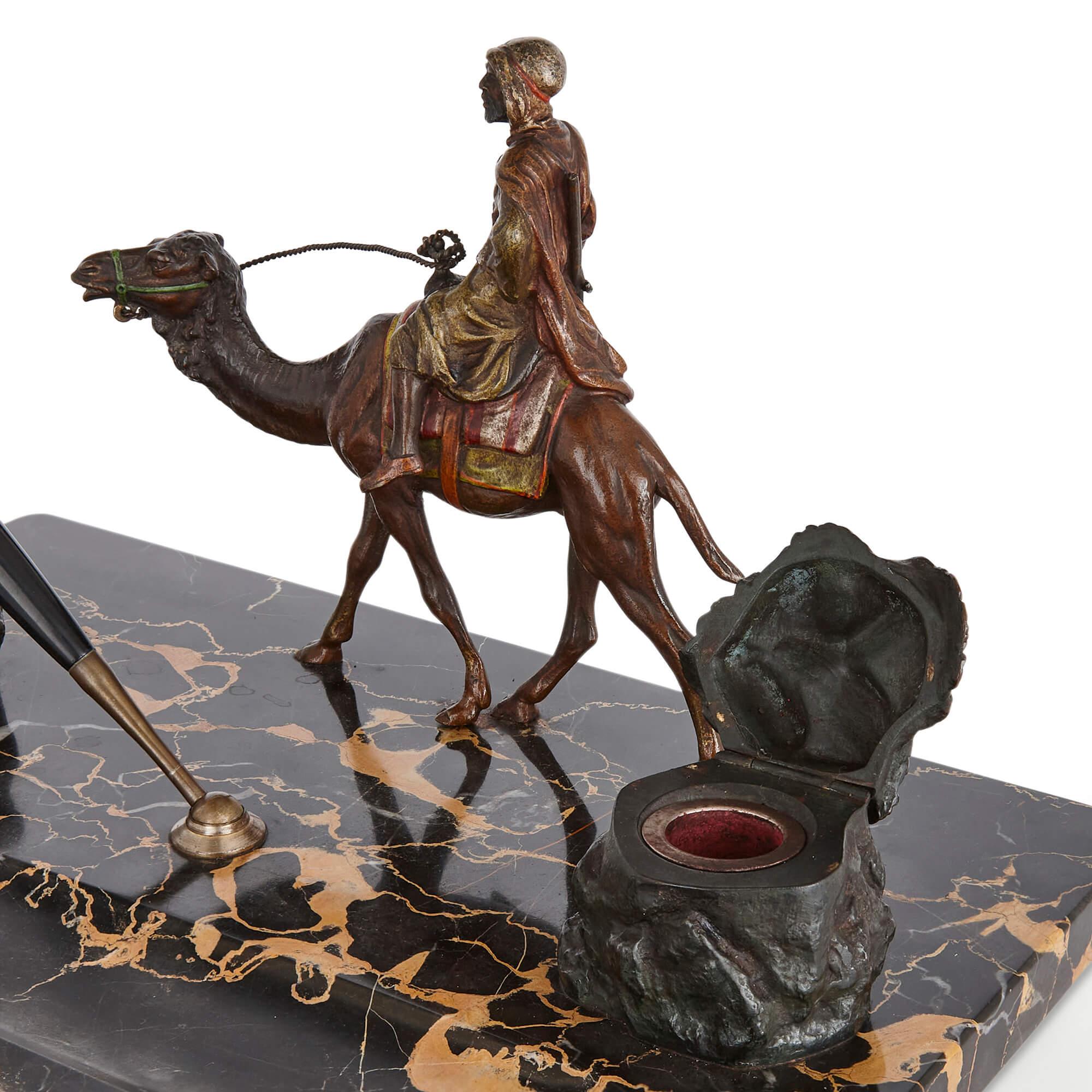 Austrian Orientalist Cold-Painted Bronze and Marble Inkstand For Sale
