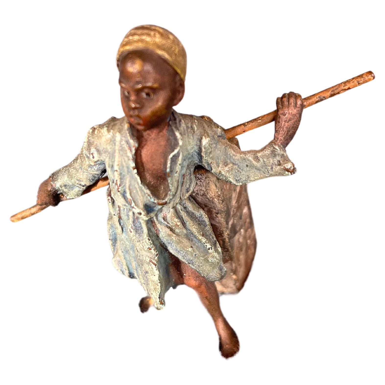 Orientalist Cold Painted Bronze Figure of a Young Boy, attr. Bergmann Foundry For Sale