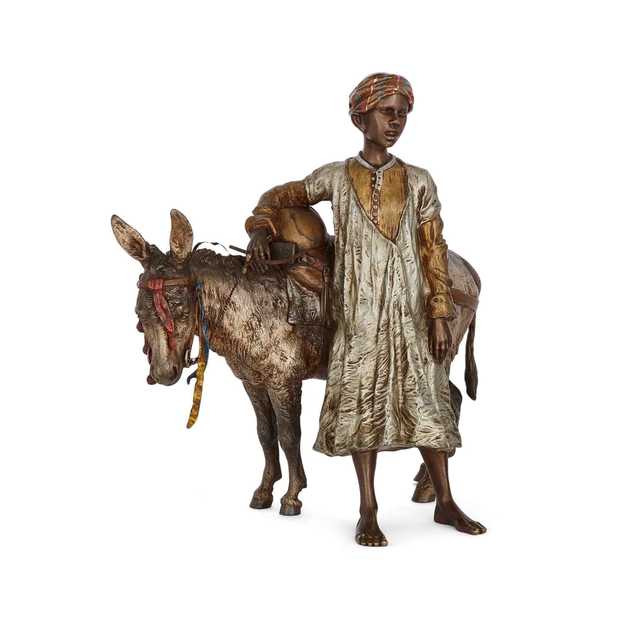 Austrian Orientalist Cold-Painted Bronze Sculpture of a Boy and a Donkey by Bergman For Sale