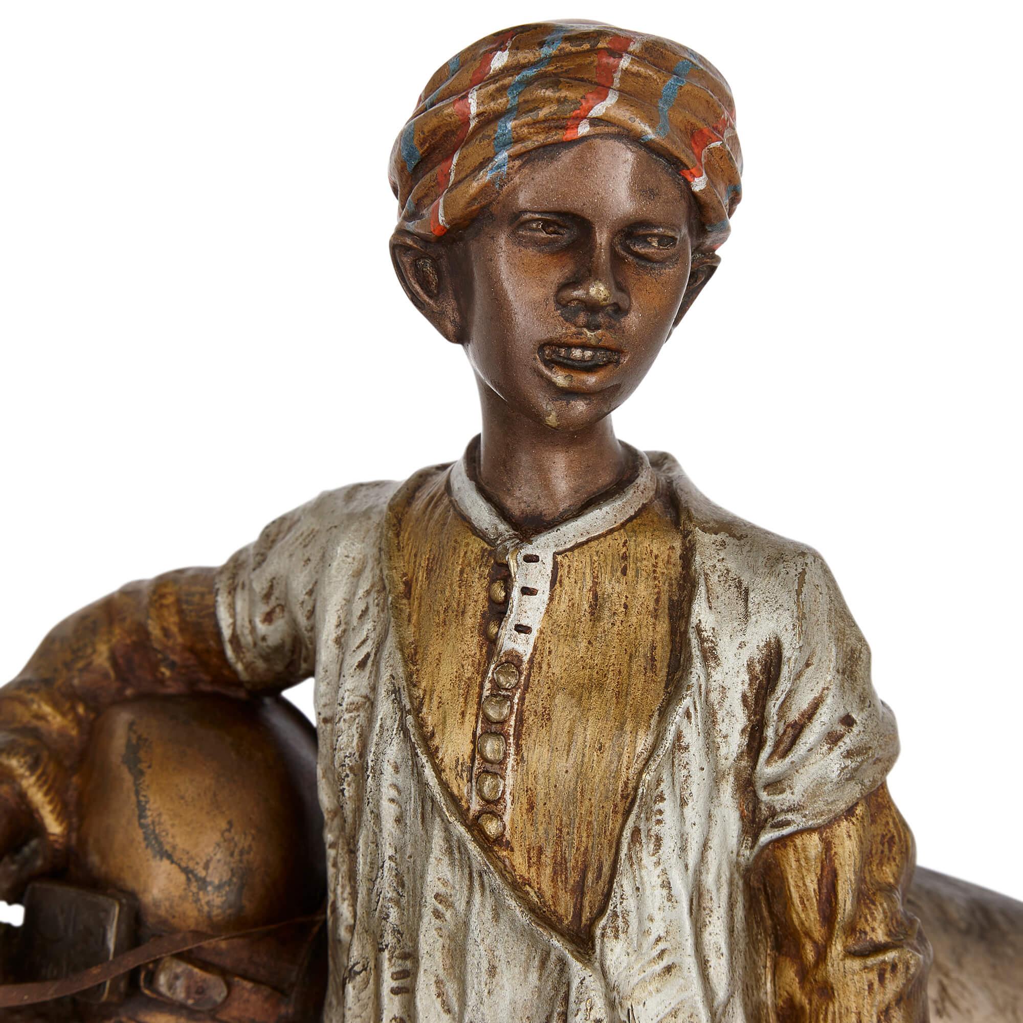 Orientalist Cold-Painted Bronze Sculpture of a Boy and a Donkey by Bergman In Good Condition For Sale In London, GB