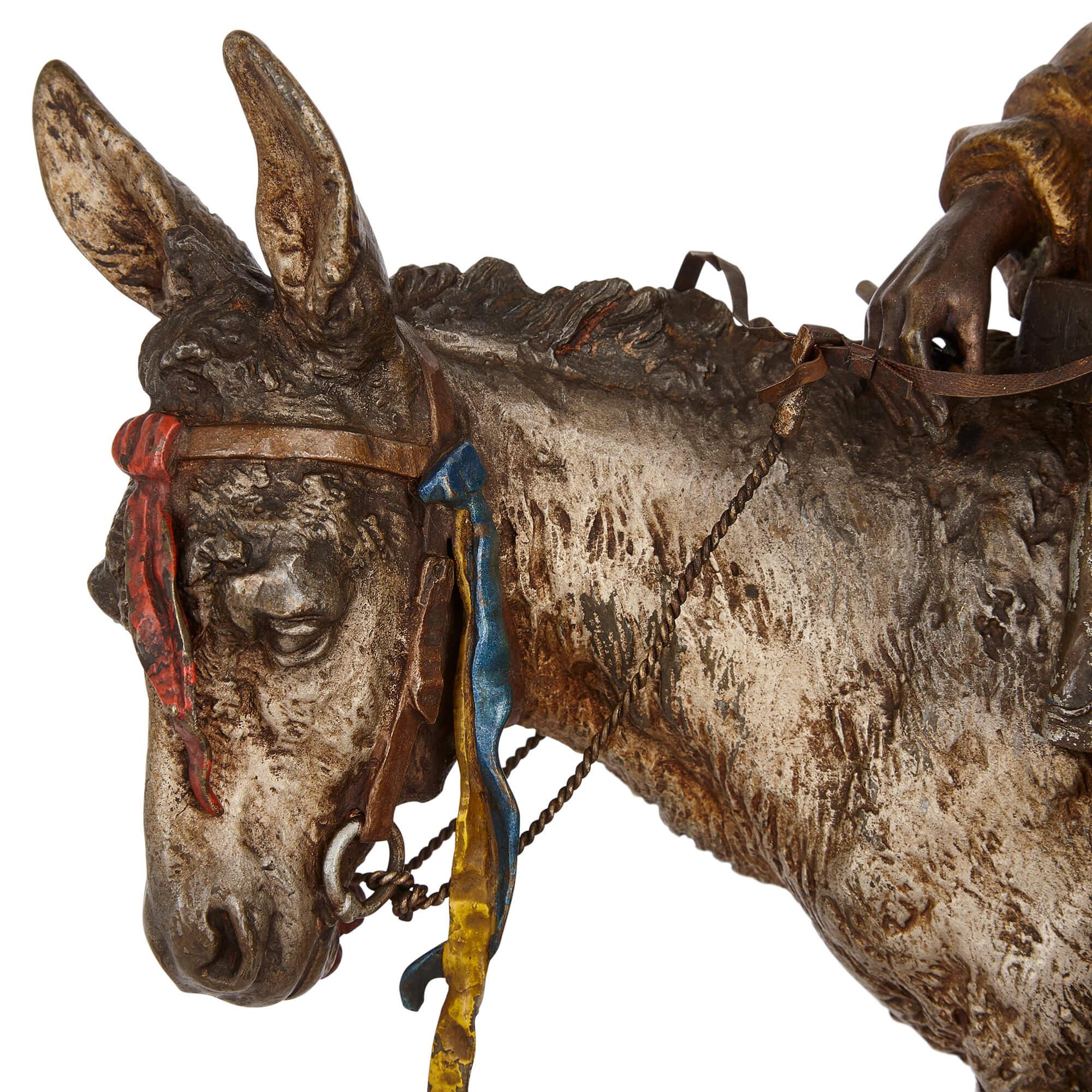 20th Century Orientalist Cold-Painted Bronze Sculpture of a Boy and a Donkey by Bergman For Sale