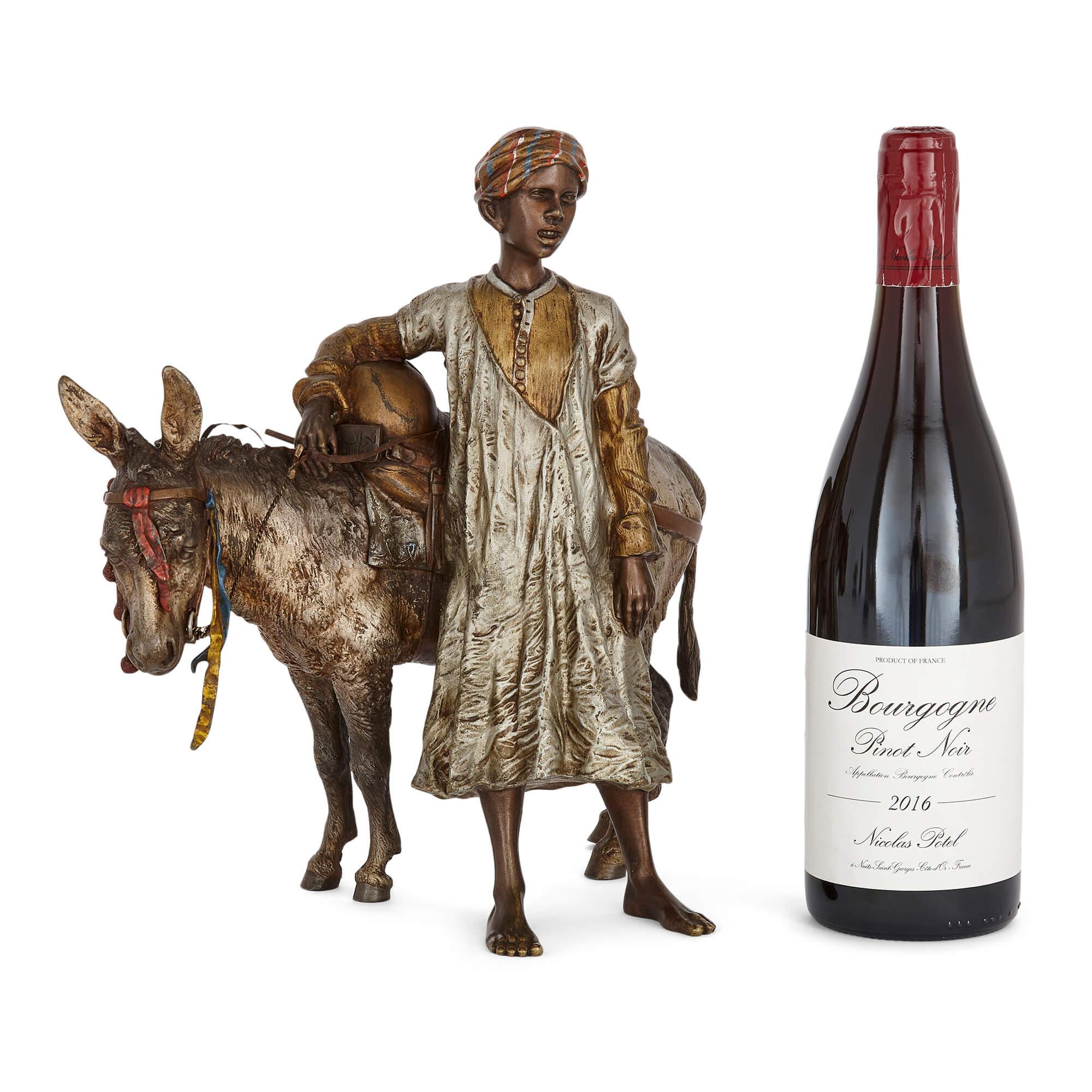 Orientalist Cold-Painted Bronze Sculpture of a Boy and a Donkey by Bergman For Sale 3