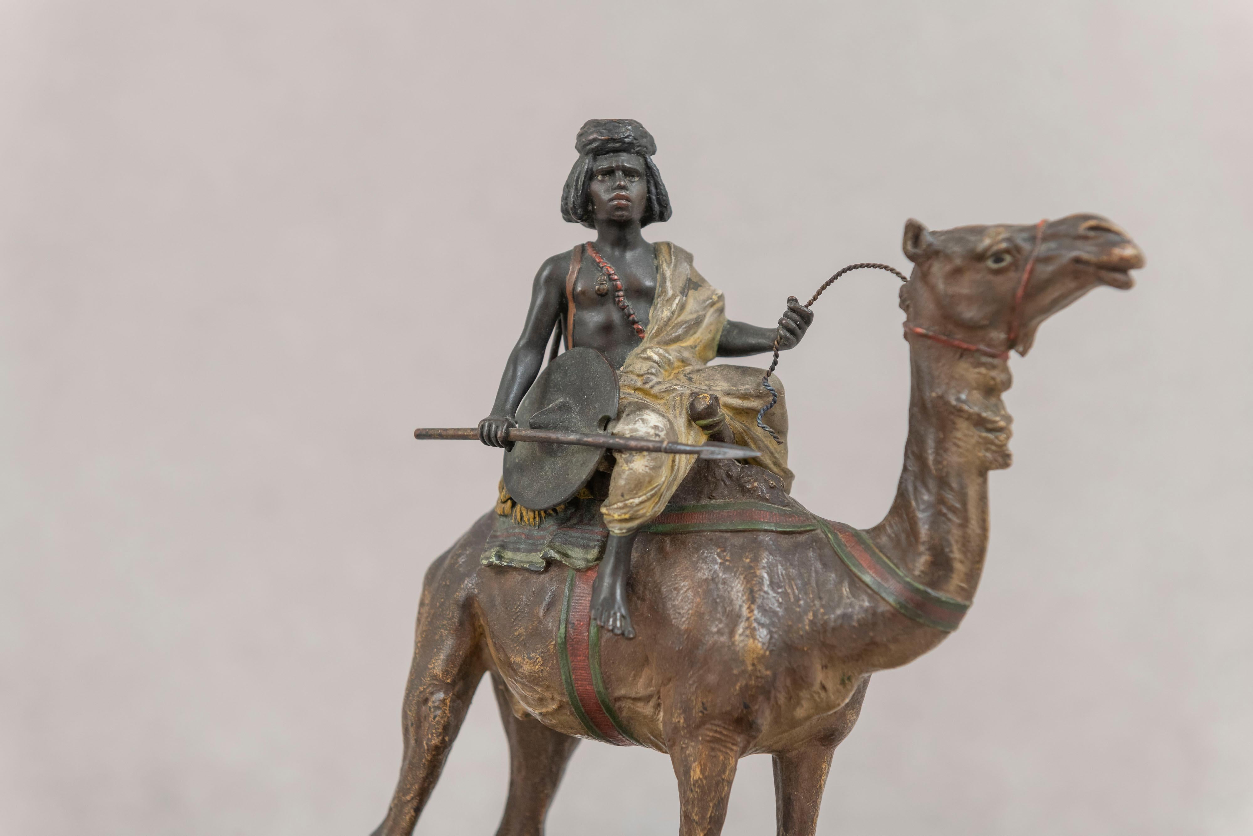 Austrian Orientalist Cold Painted Vienna Bronze Boy on Camel by Franz Bergmann, ca. 1900 For Sale