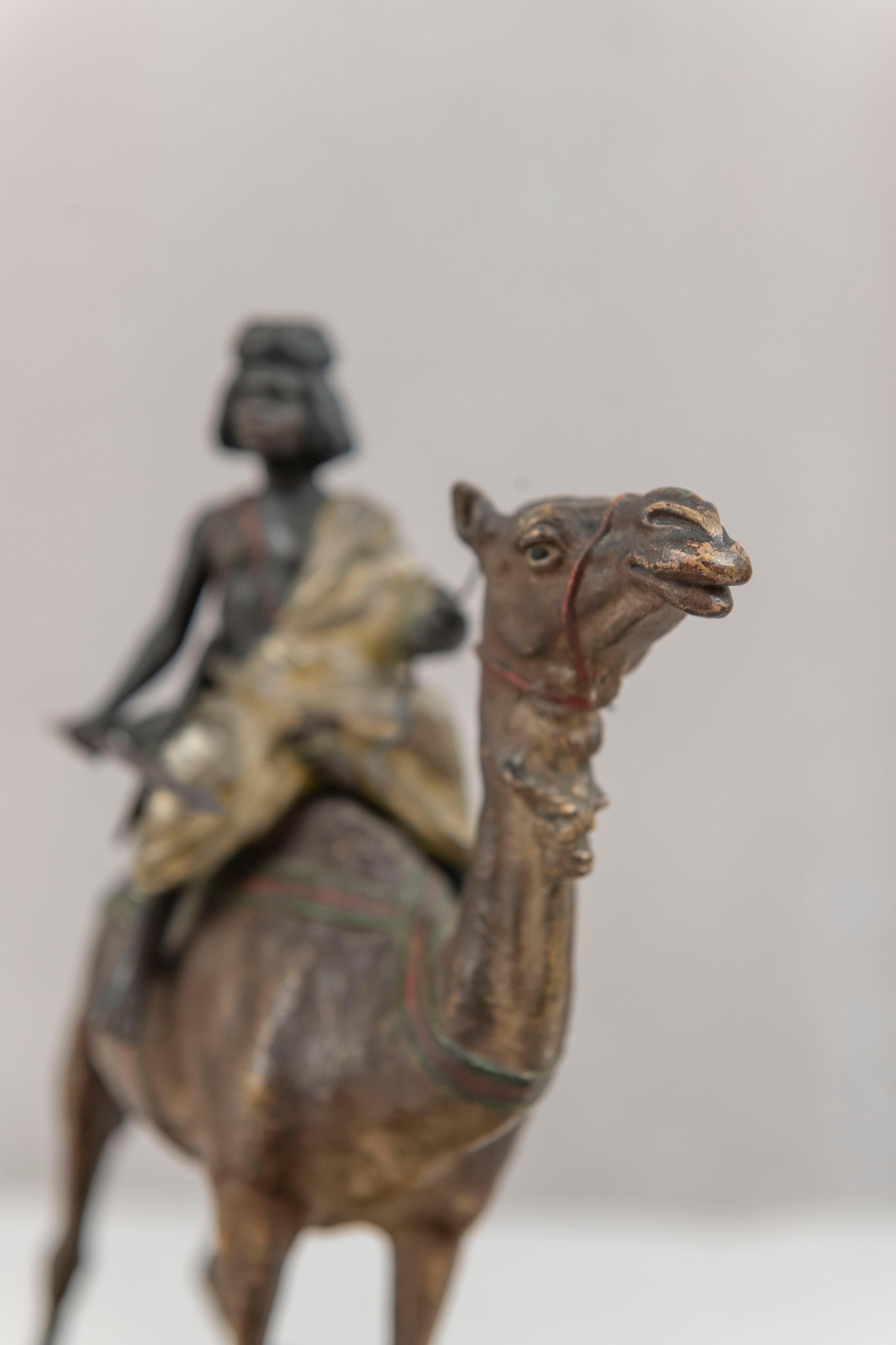 Hand-Crafted Orientalist Cold Painted Vienna Bronze Boy on Camel by Franz Bergmann, ca. 1900 For Sale
