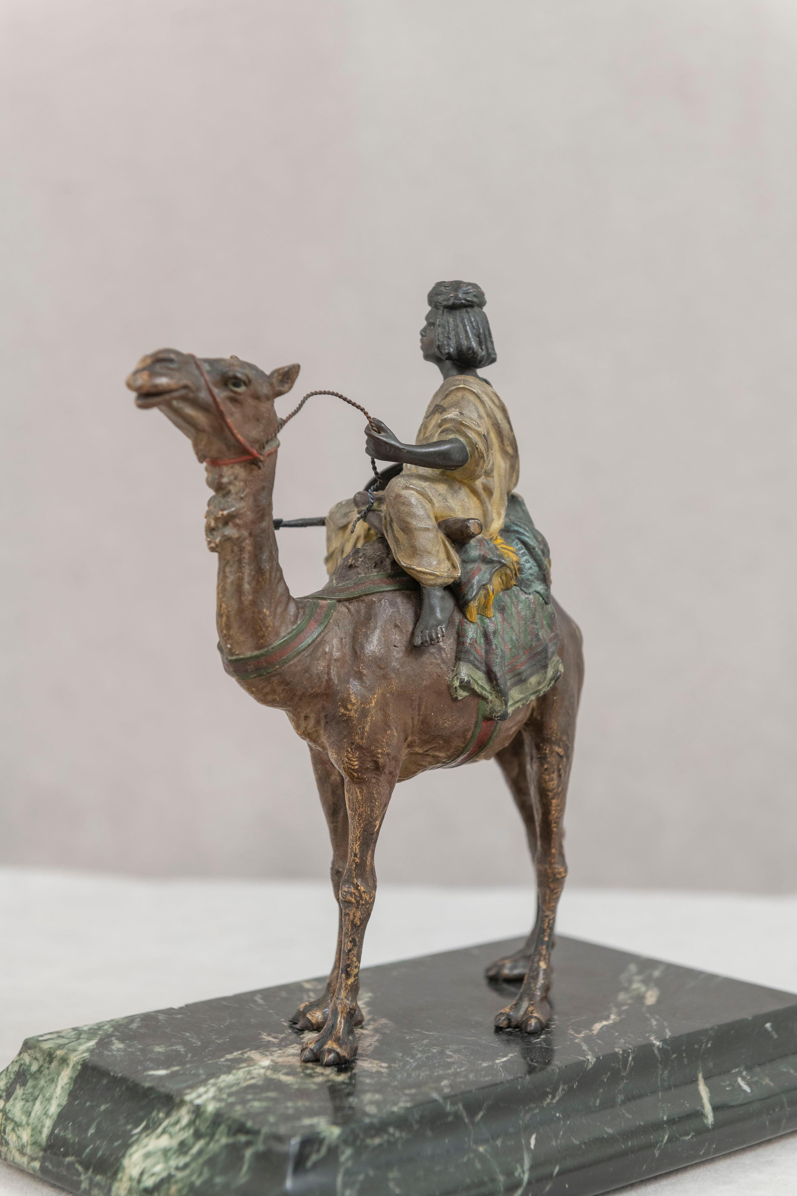 Orientalist Cold Painted Vienna Bronze Boy on Camel by Franz Bergmann, ca. 1900 In Good Condition For Sale In Petaluma, CA
