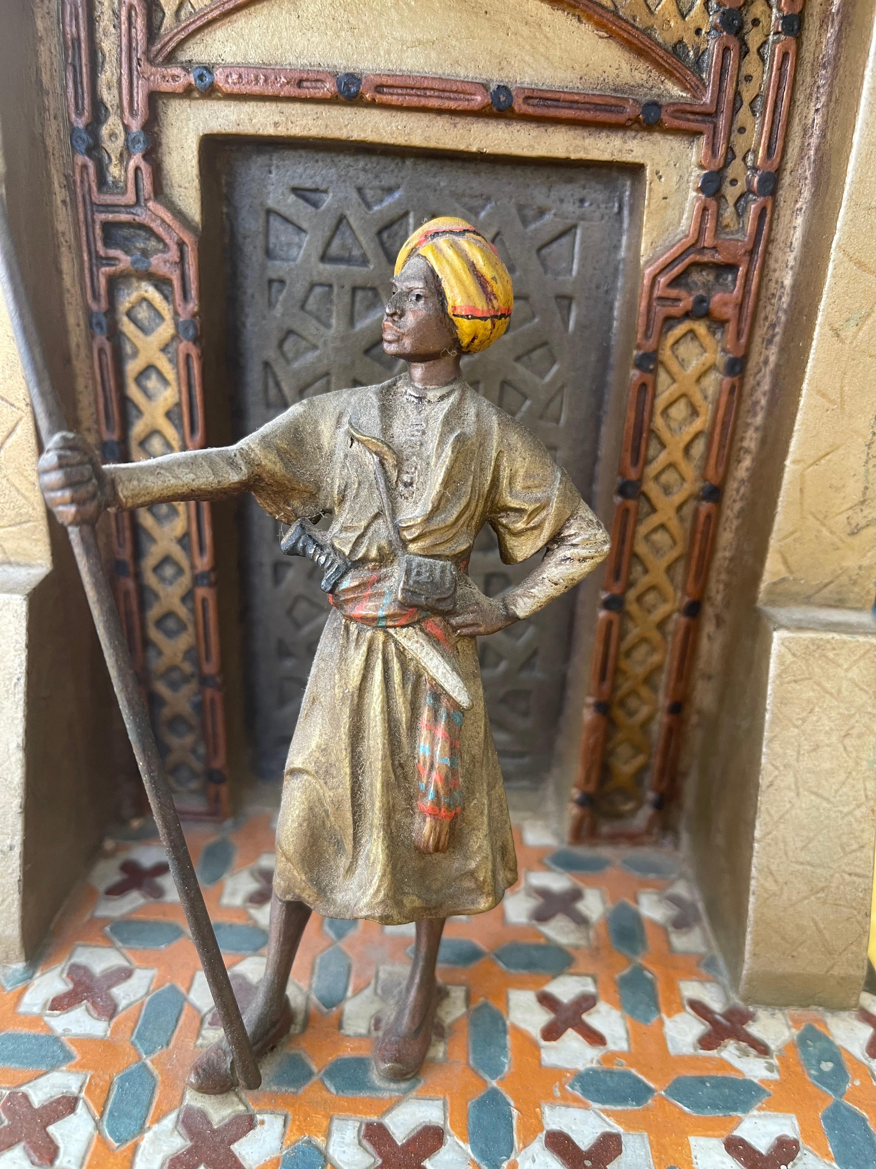 Moorish Orientalist Cold Painted Vienna Bronze Lamp, Guard & Palace, Signed 