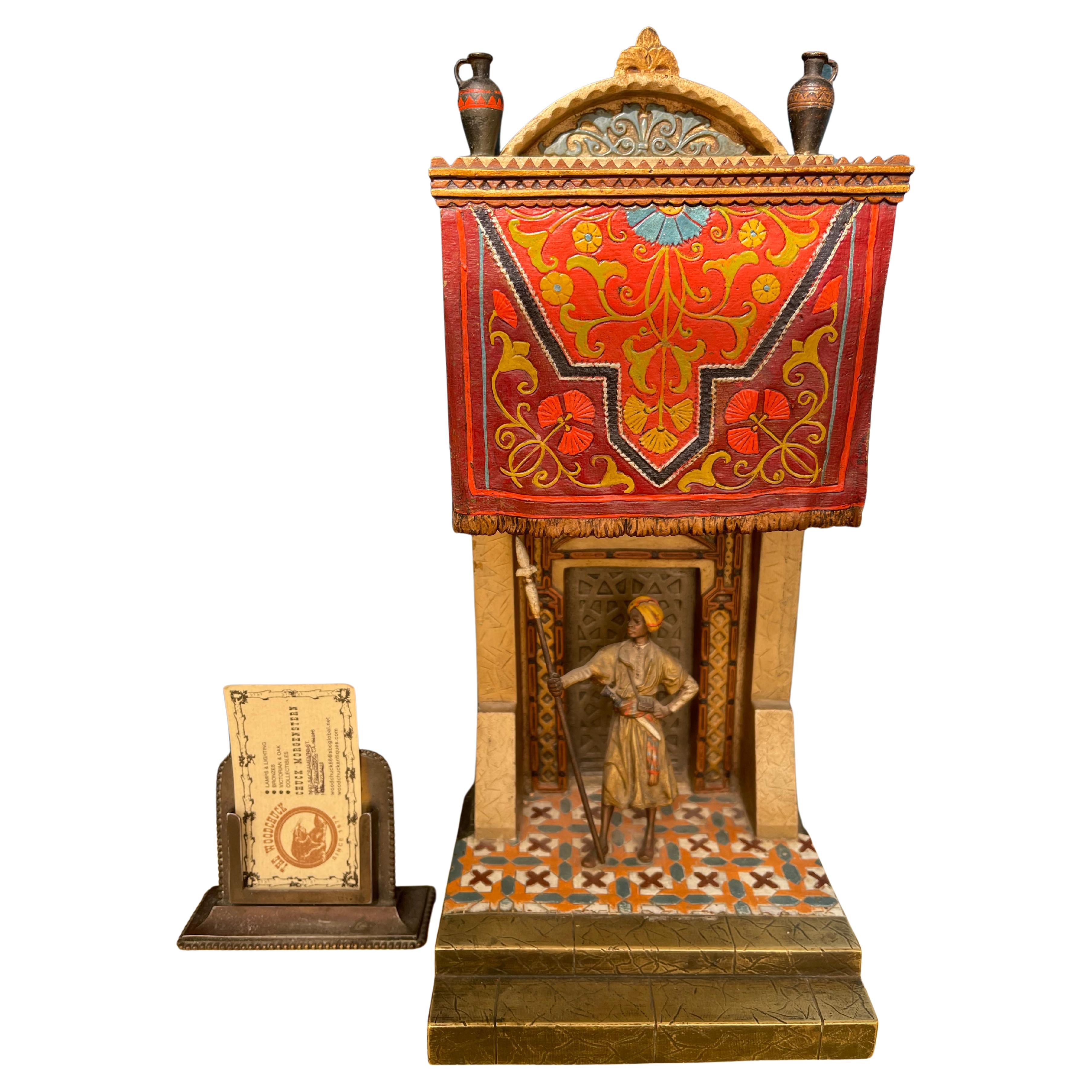Orientalist Cold Painted Vienna Bronze Lamp, Guard & Palace, Signed "Chotka"