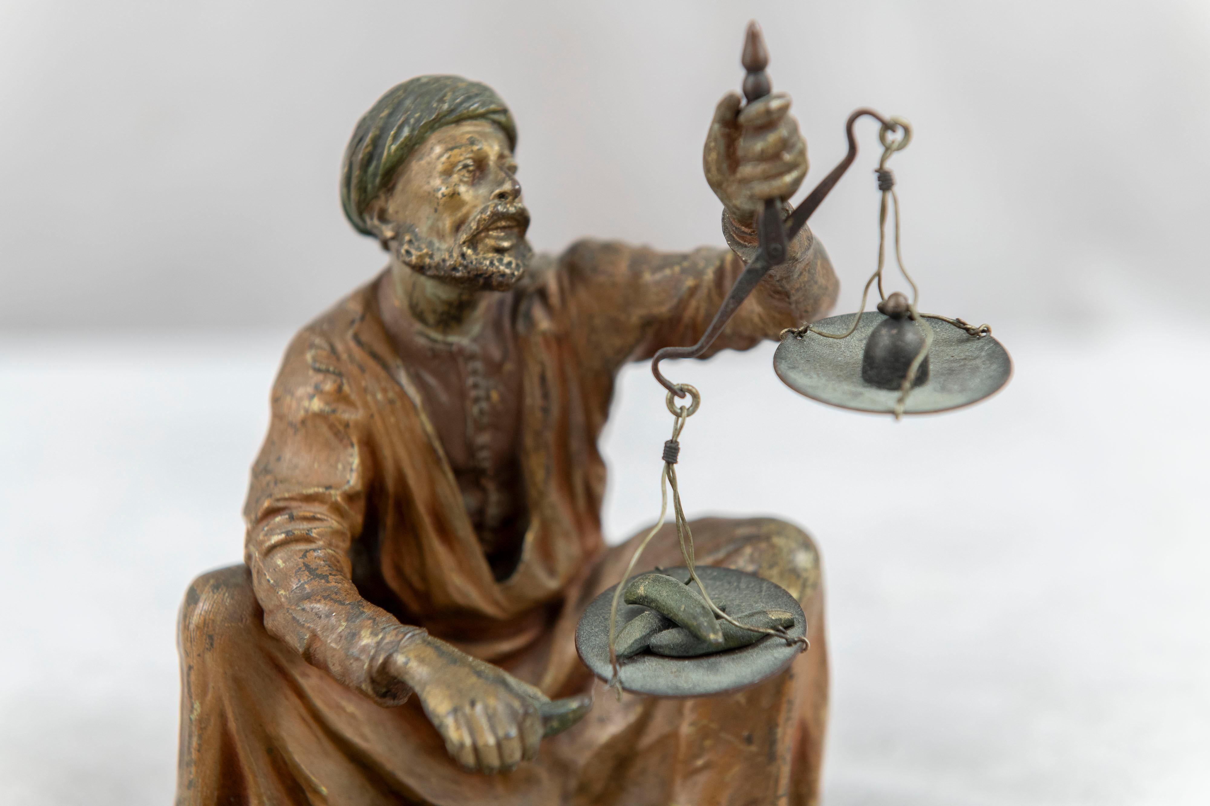Other Orientalist  Cold Painted Vienna Bronze Man Holding Small Scale, Franz Bergmann For Sale