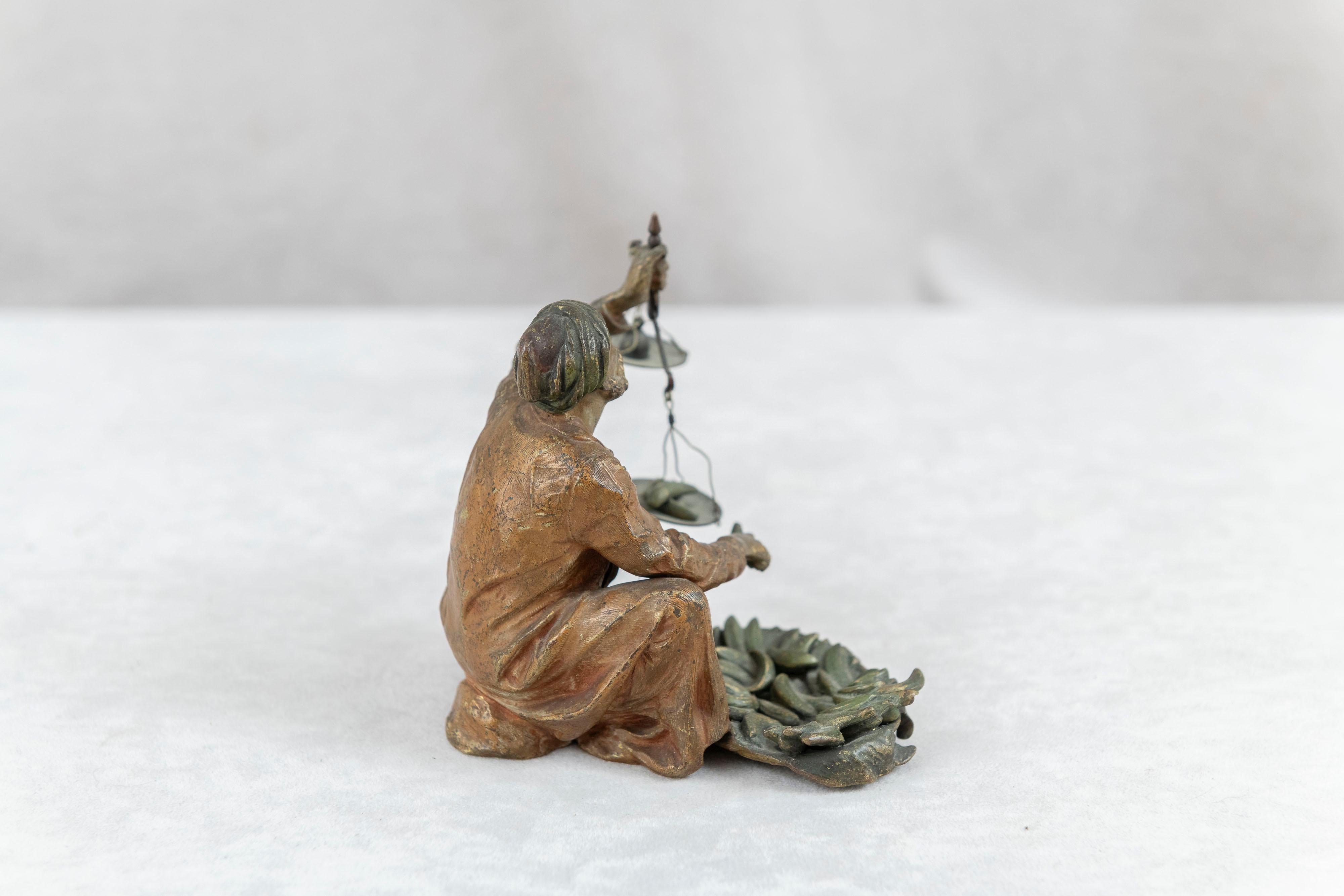 20th Century Orientalist  Cold Painted Vienna Bronze Man Holding Small Scale, Franz Bergmann For Sale