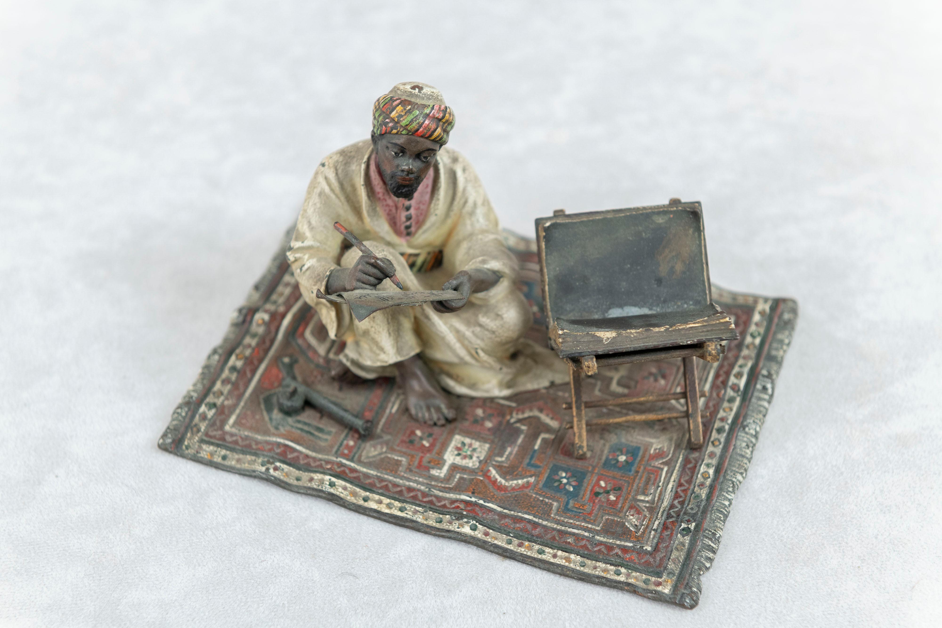 Other Orientalist  Cold Painted Vienna Bronze Man on Rug, Writing, by Franz Bergmann For Sale