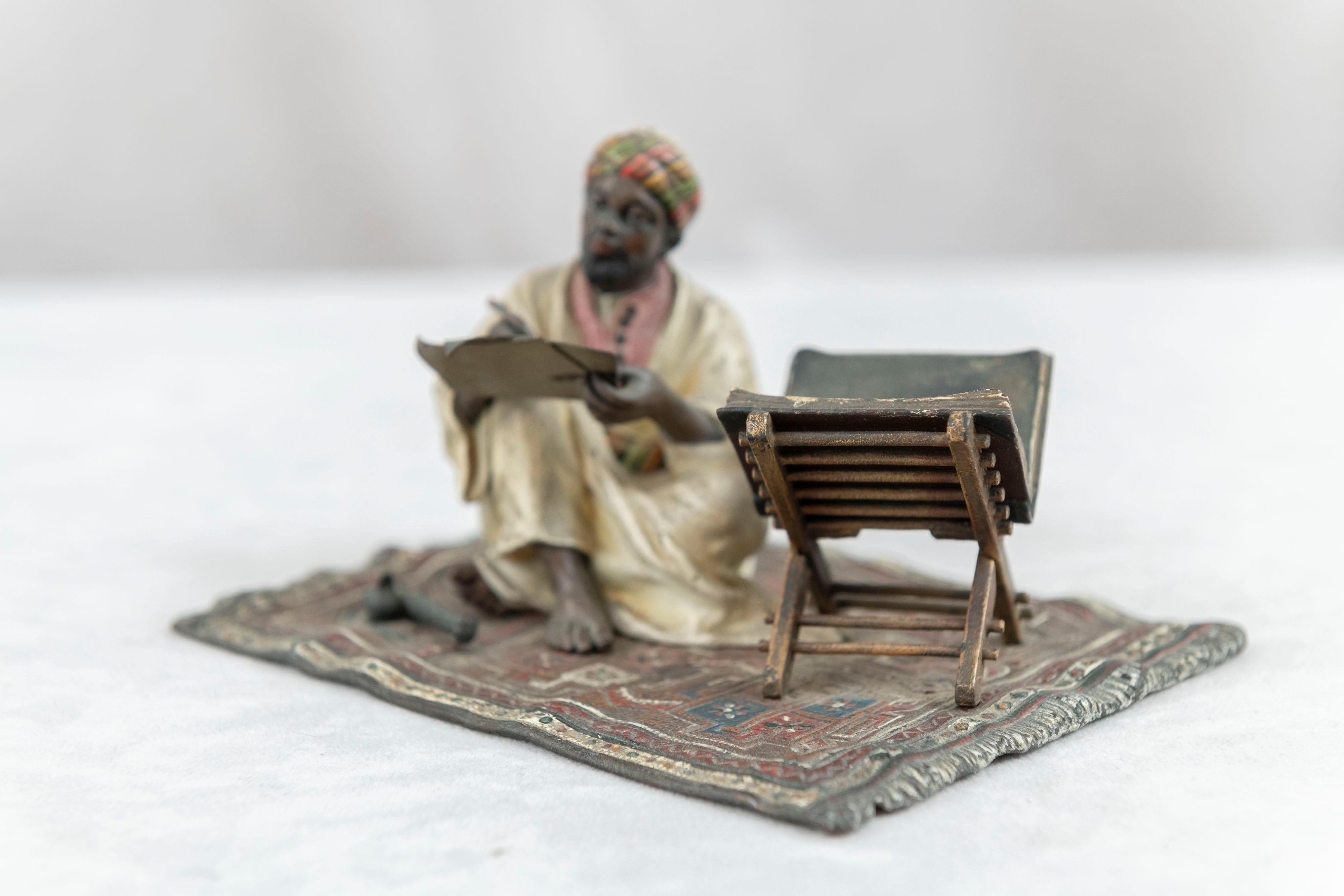 Orientalist  Cold Painted Vienna Bronze Man on Rug, Writing, by Franz Bergmann In Good Condition For Sale In Petaluma, CA
