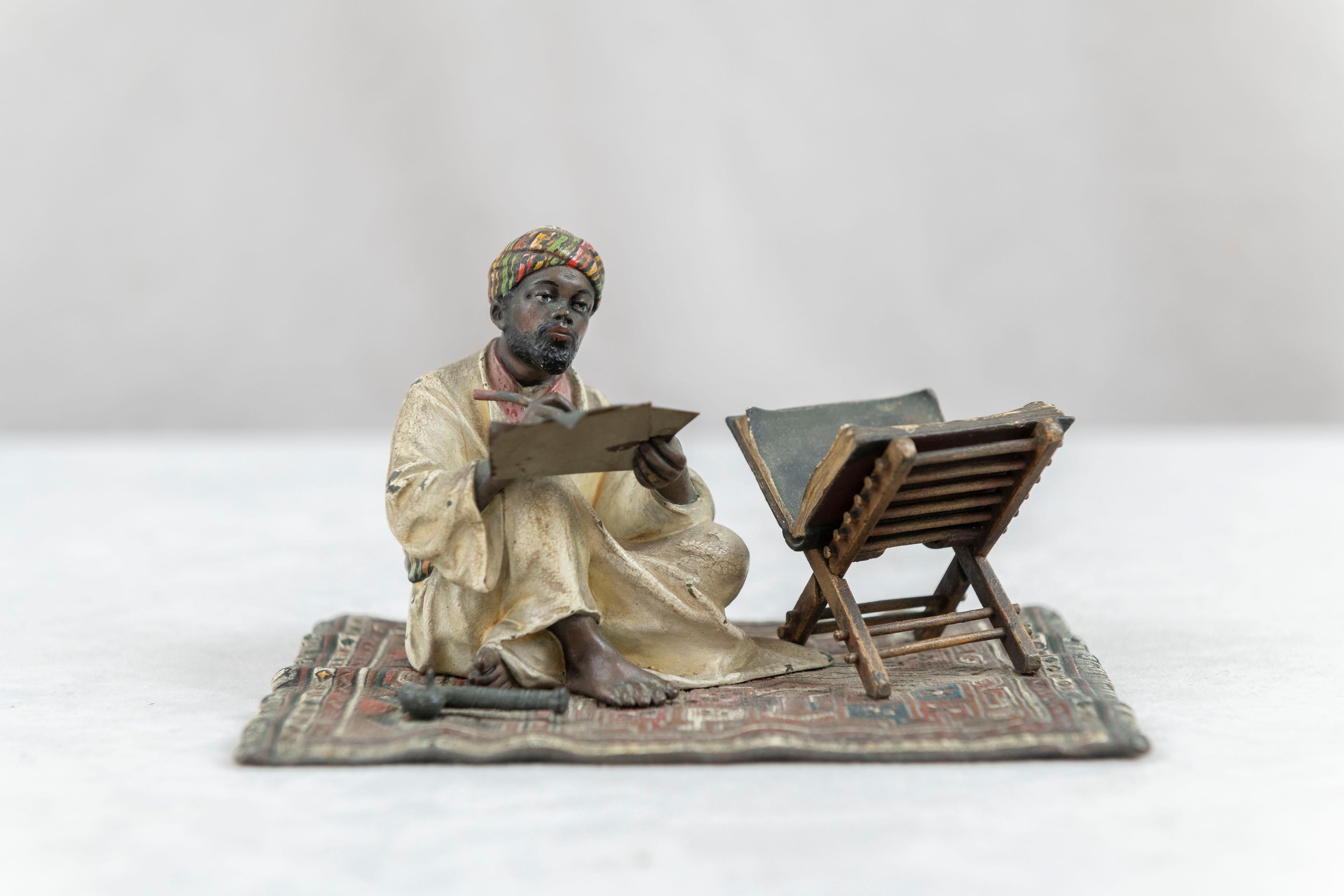Early 20th Century Orientalist  Cold Painted Vienna Bronze Man on Rug, Writing, by Franz Bergmann For Sale