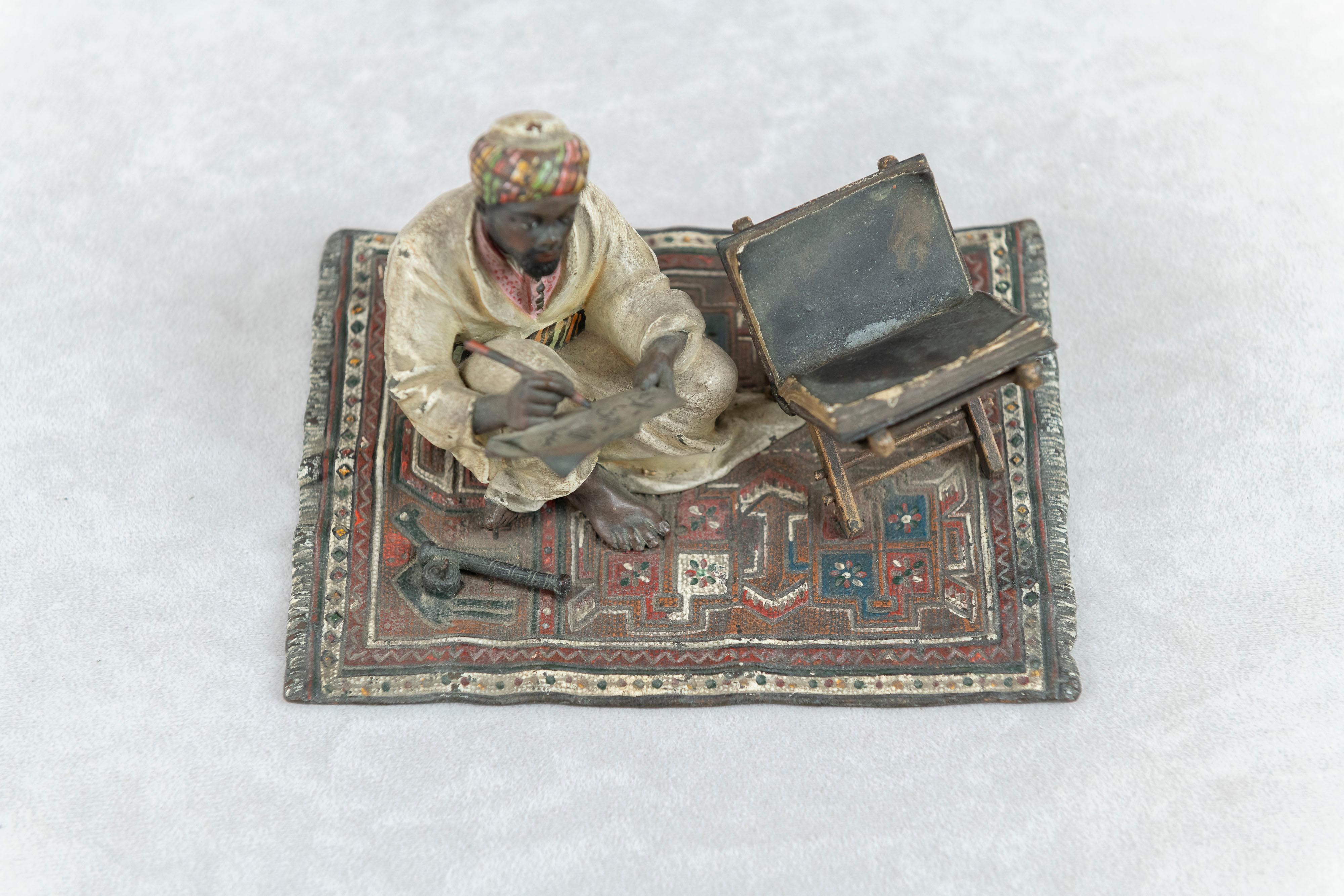 Orientalist  Cold Painted Vienna Bronze Man on Rug, Writing, by Franz Bergmann For Sale 1