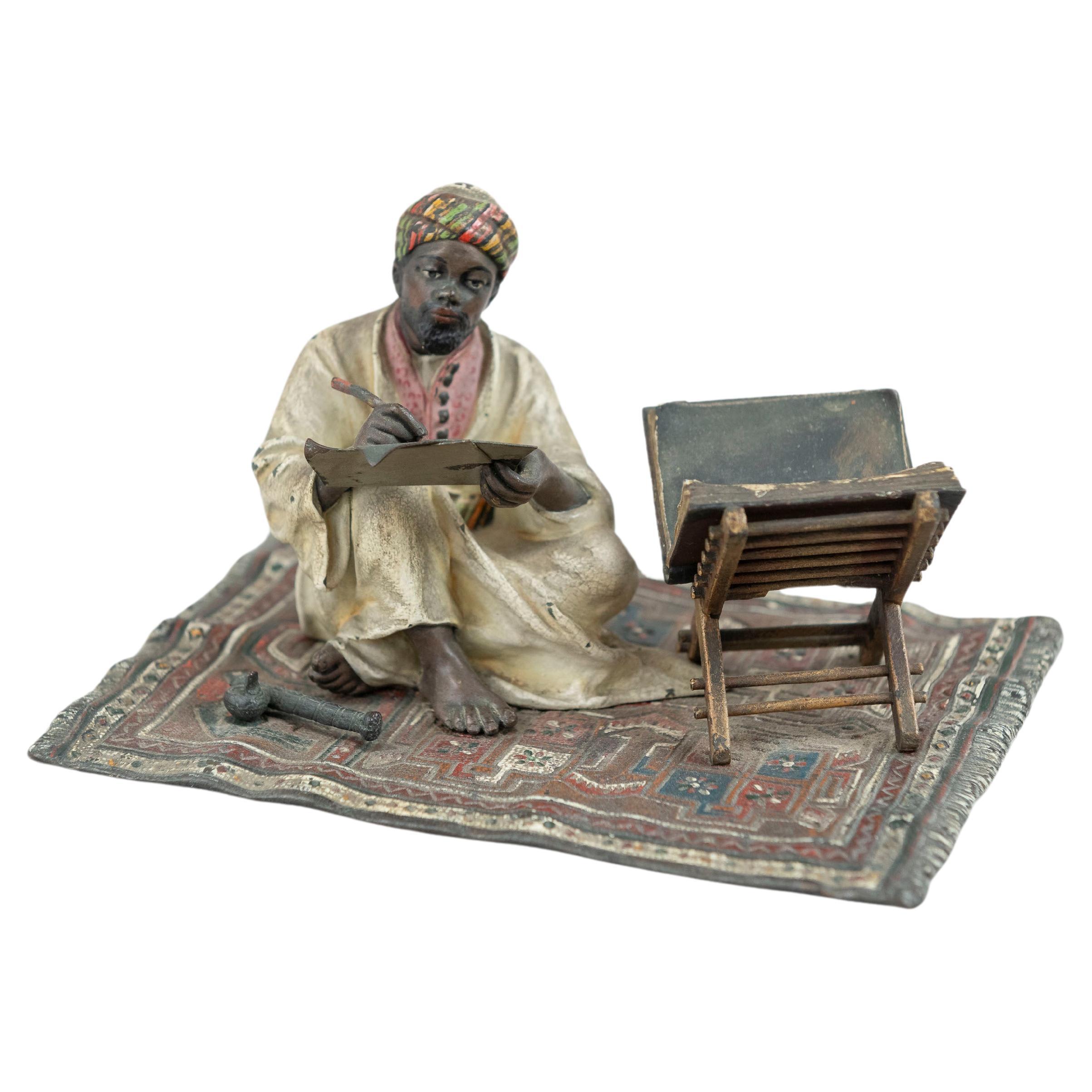 Orientalist  Cold Painted Vienna Bronze Man on Rug, Writing, by Franz Bergmann For Sale