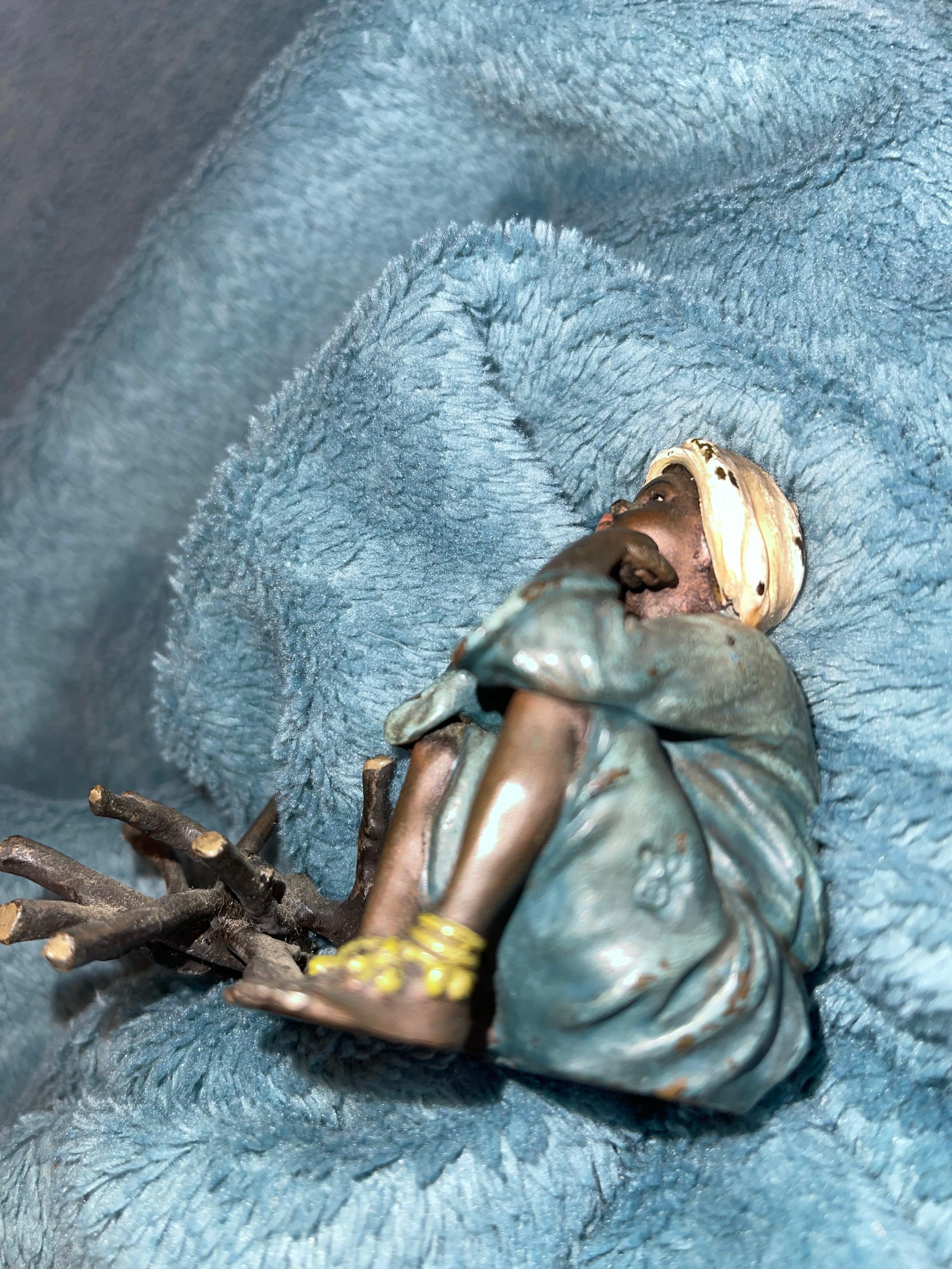 Other Orientalist  Cold Painted Vienna Bronze Young Boy Seated Near Fire Logs, Signed For Sale