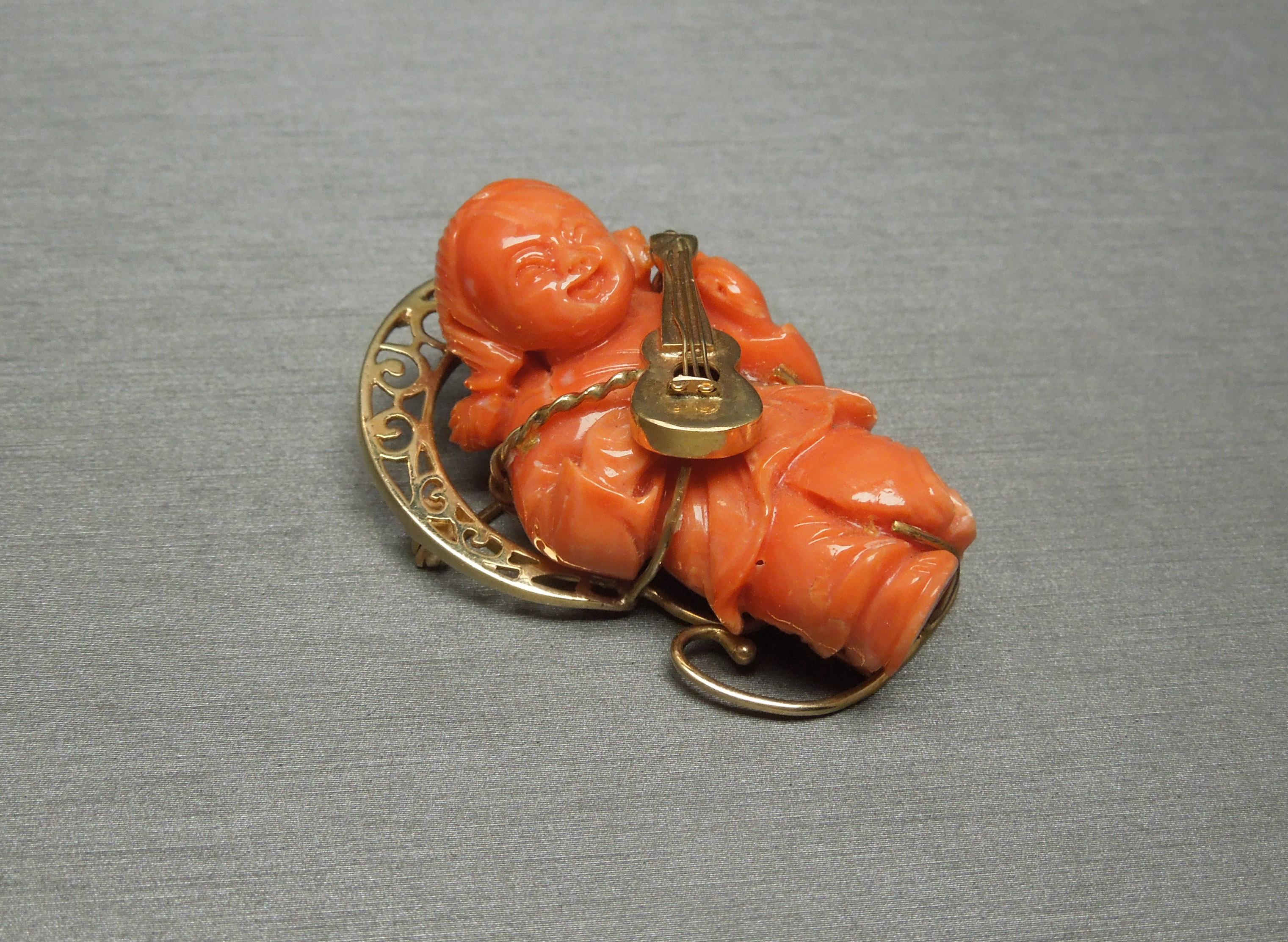 Orientalist Coral Carving Musical Mid-Century Pin For Sale 6