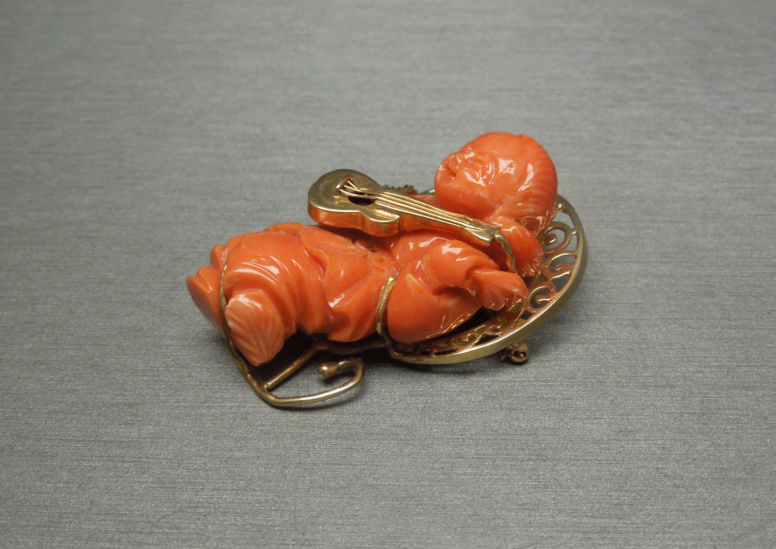 Orientalist Coral Carving Musical Mid-Century Pin For Sale 7