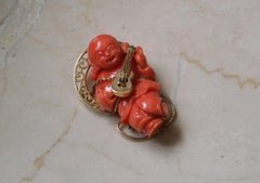 Orientalist Coral Carving Musical Mid-Century Pin