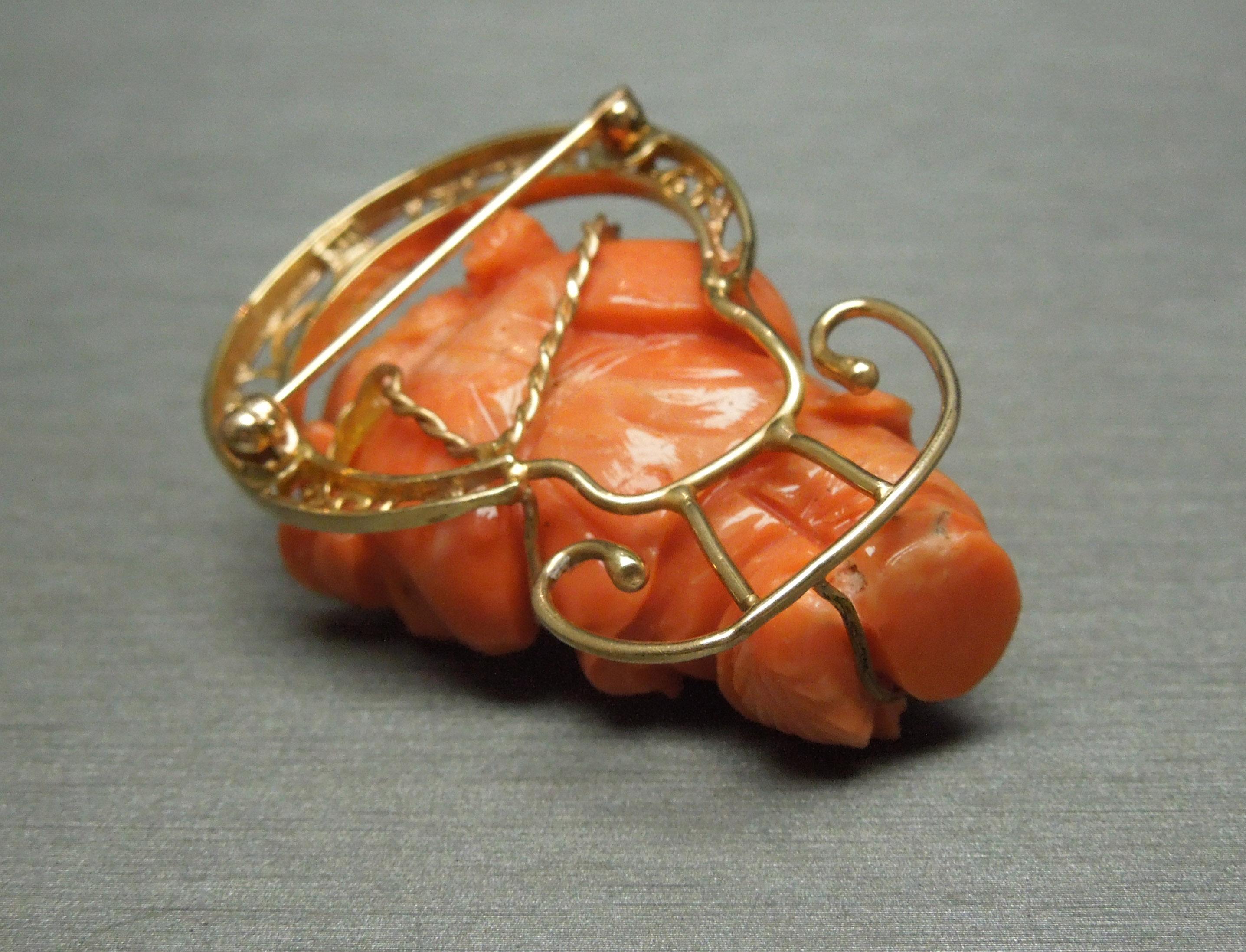 Orientalist Coral Carving Musical Mid-Century Pin For Sale 2