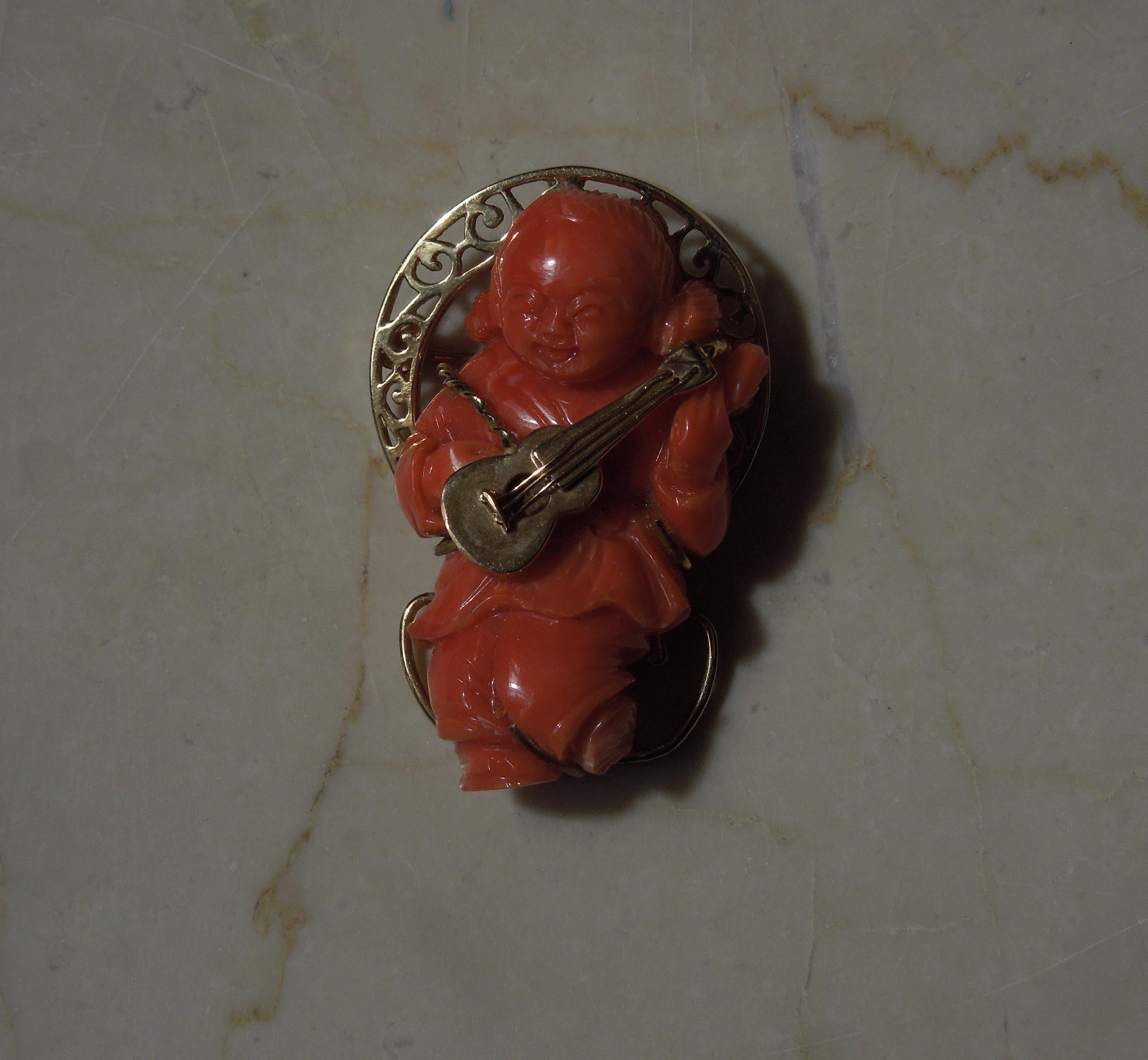 Orientalist Coral Carving Musical Mid-Century Pin For Sale 4