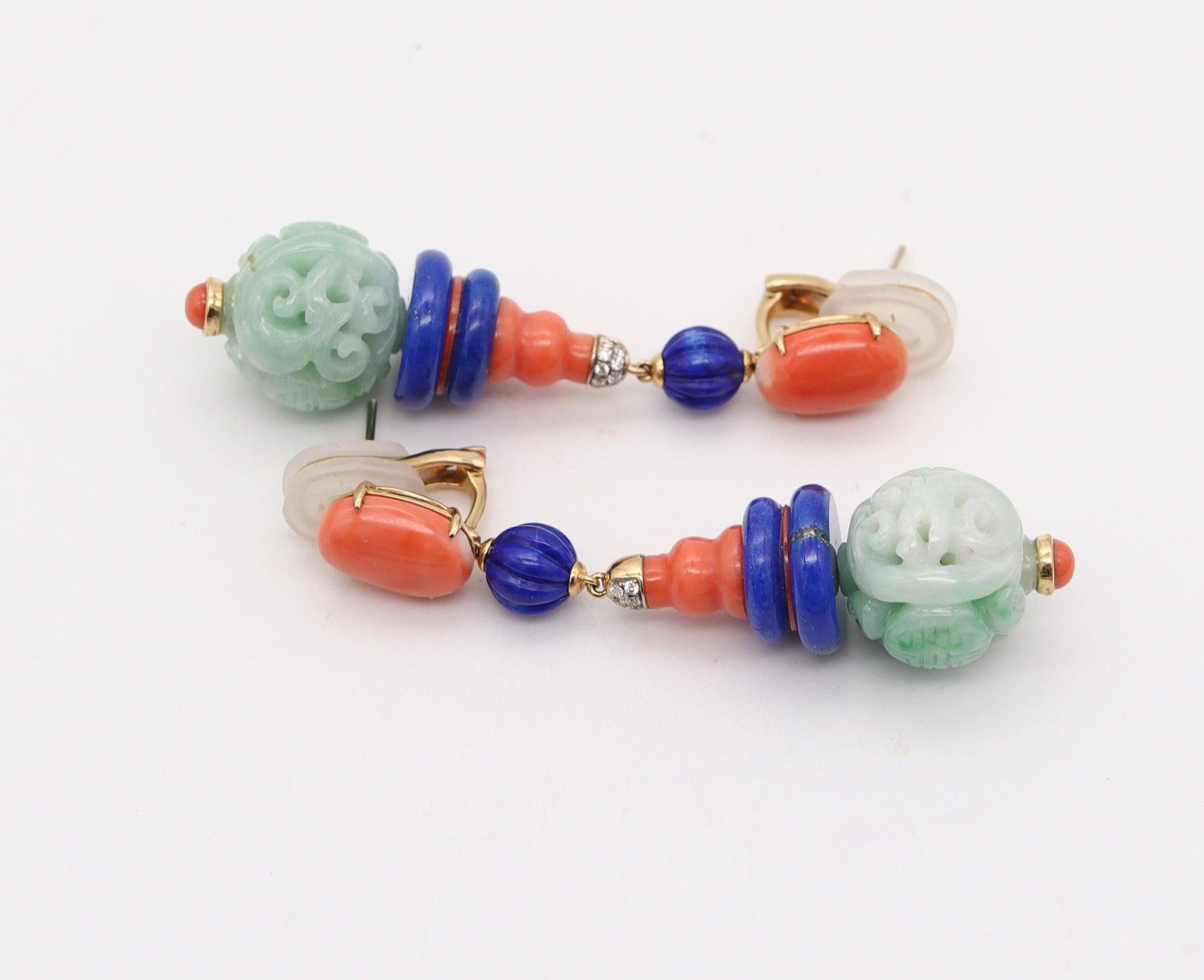 Baroque Revival ORIENTALIST Dangle Drop Earrings In 18Kt Gold With Diamonds Jade Lapis & Coral