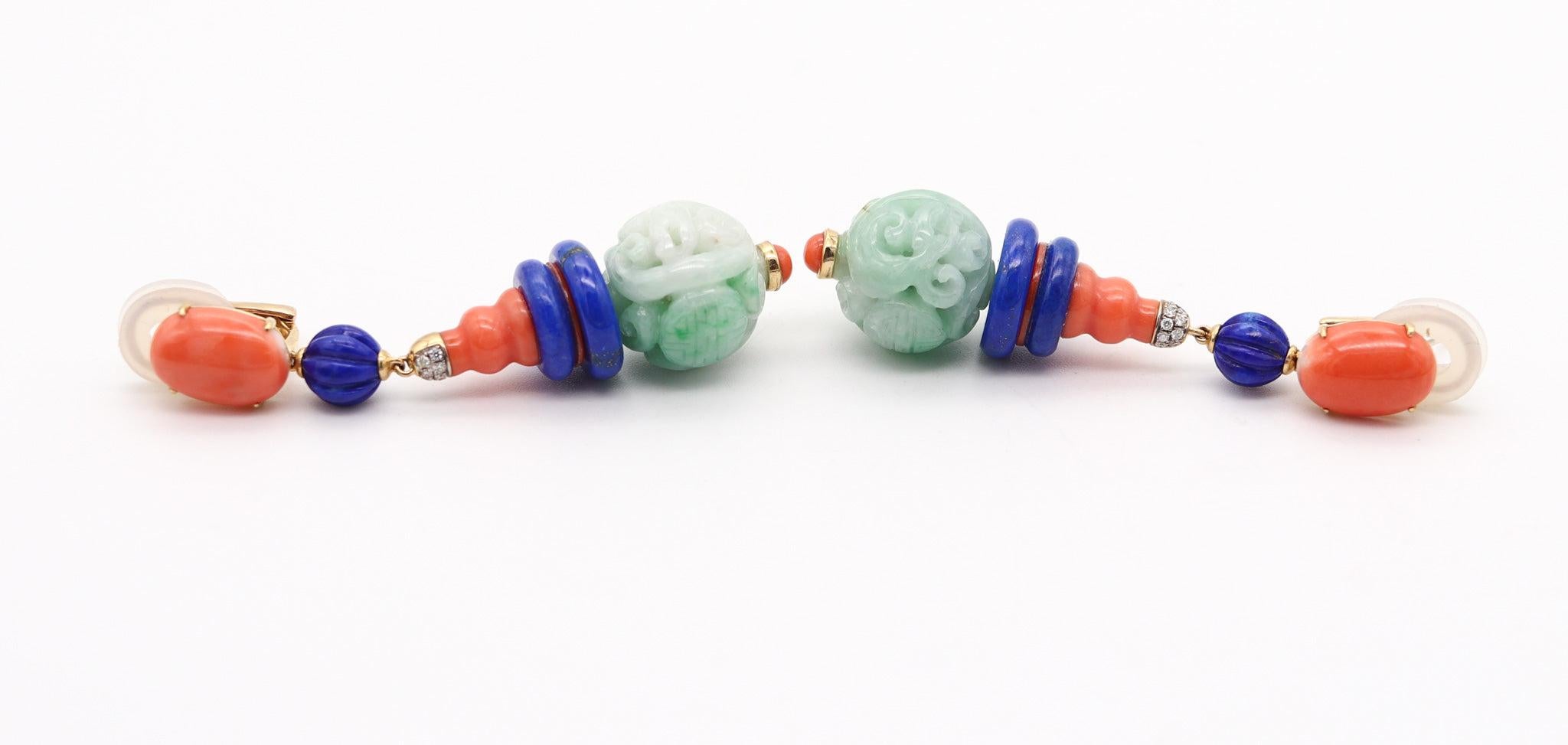 Brilliant Cut ORIENTALIST Dangle Drop Earrings In 18Kt Gold With Diamonds Jade Lapis & Coral