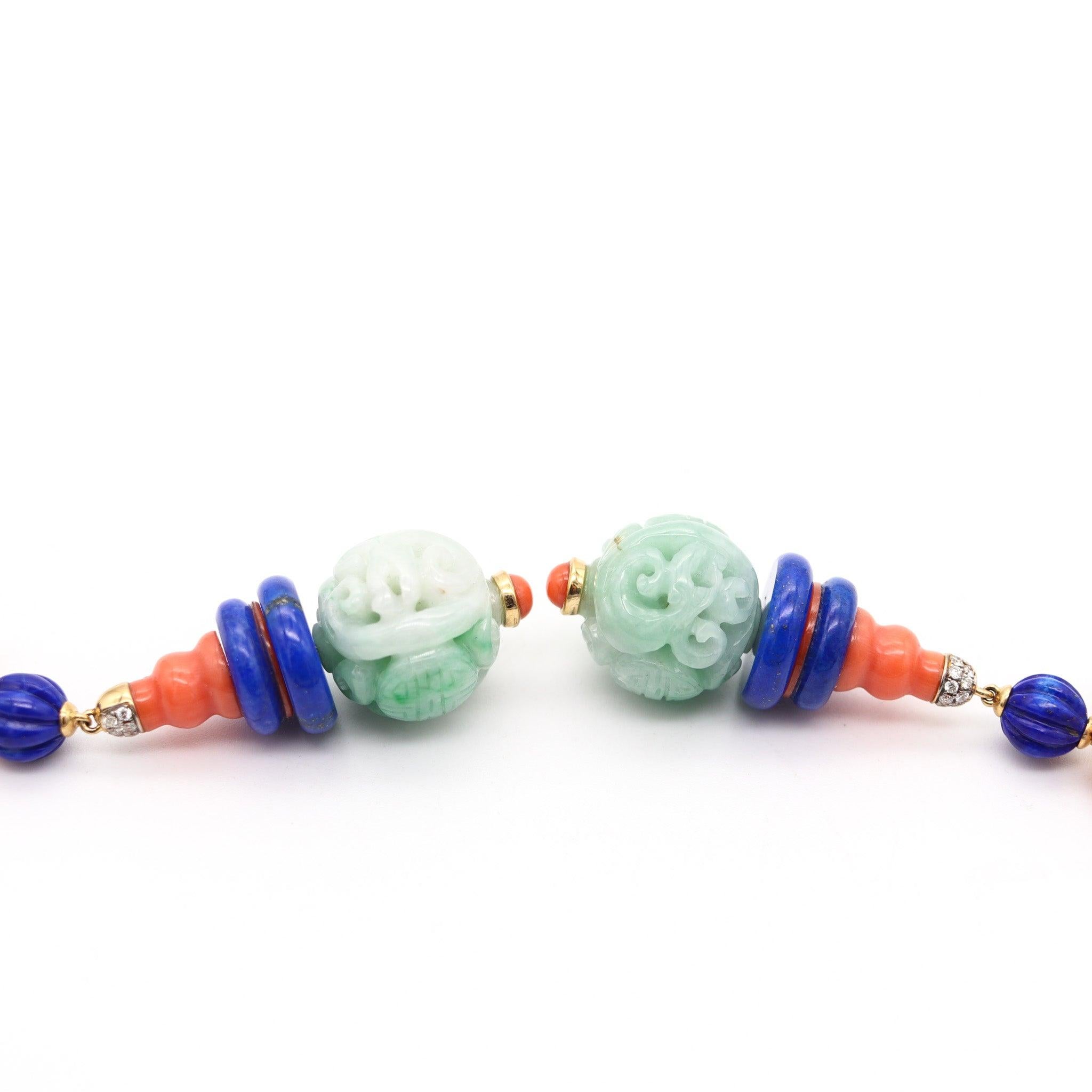 ORIENTALIST Dangle Drop Earrings In 18Kt Gold With Diamonds Jade Lapis & Coral In Excellent Condition In Miami, FL