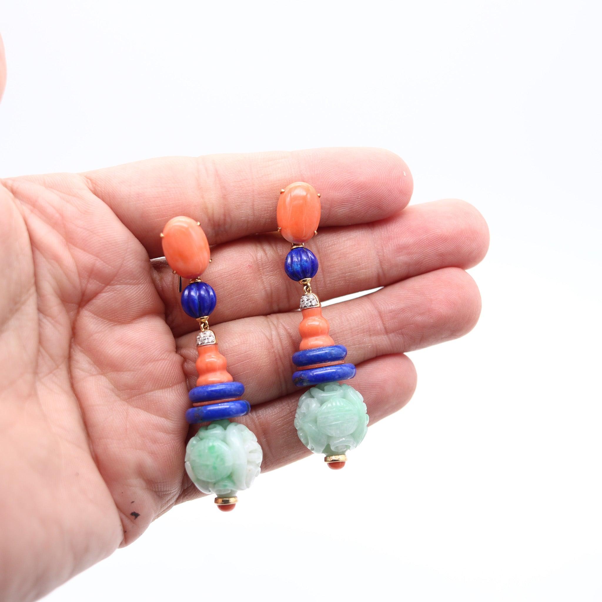 ORIENTALIST Dangle Drop Earrings In 18Kt Gold With Diamonds Jade Lapis & Coral 1